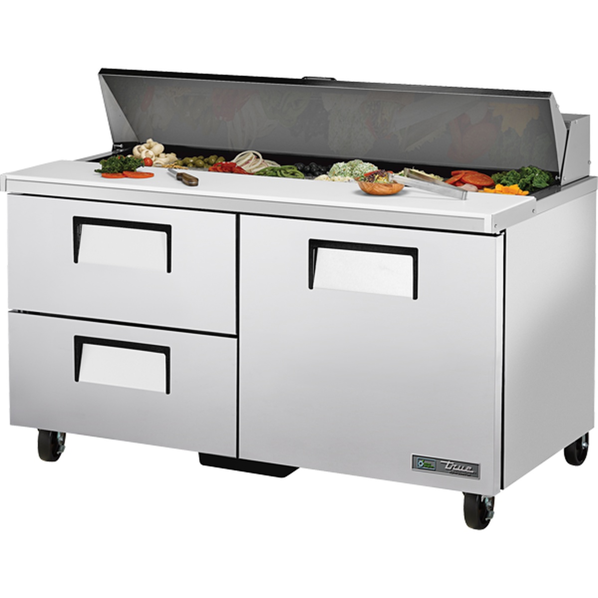 True TSSU-60-16D-2-HC 60-inch sandwich and salad prep table with open insulated lid showing 16 pan slots, two drawers on the left, and one solid door on the right, mounted on stem castors