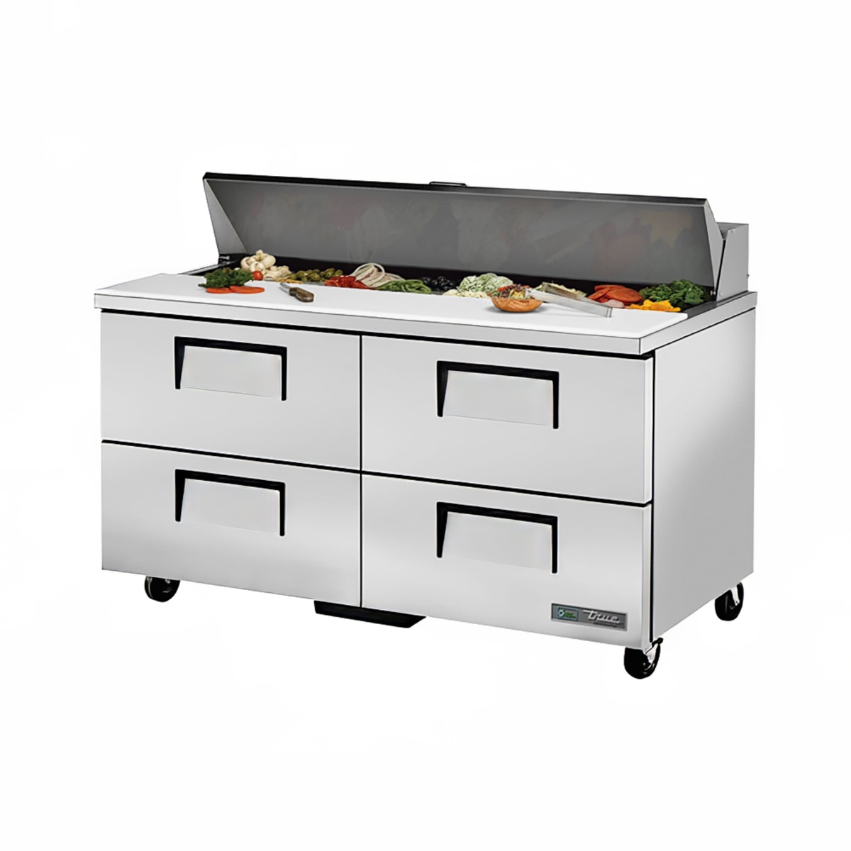 Angled view of True refrigerated prep table showing stainless steel construction, casters, and four drawer fronts