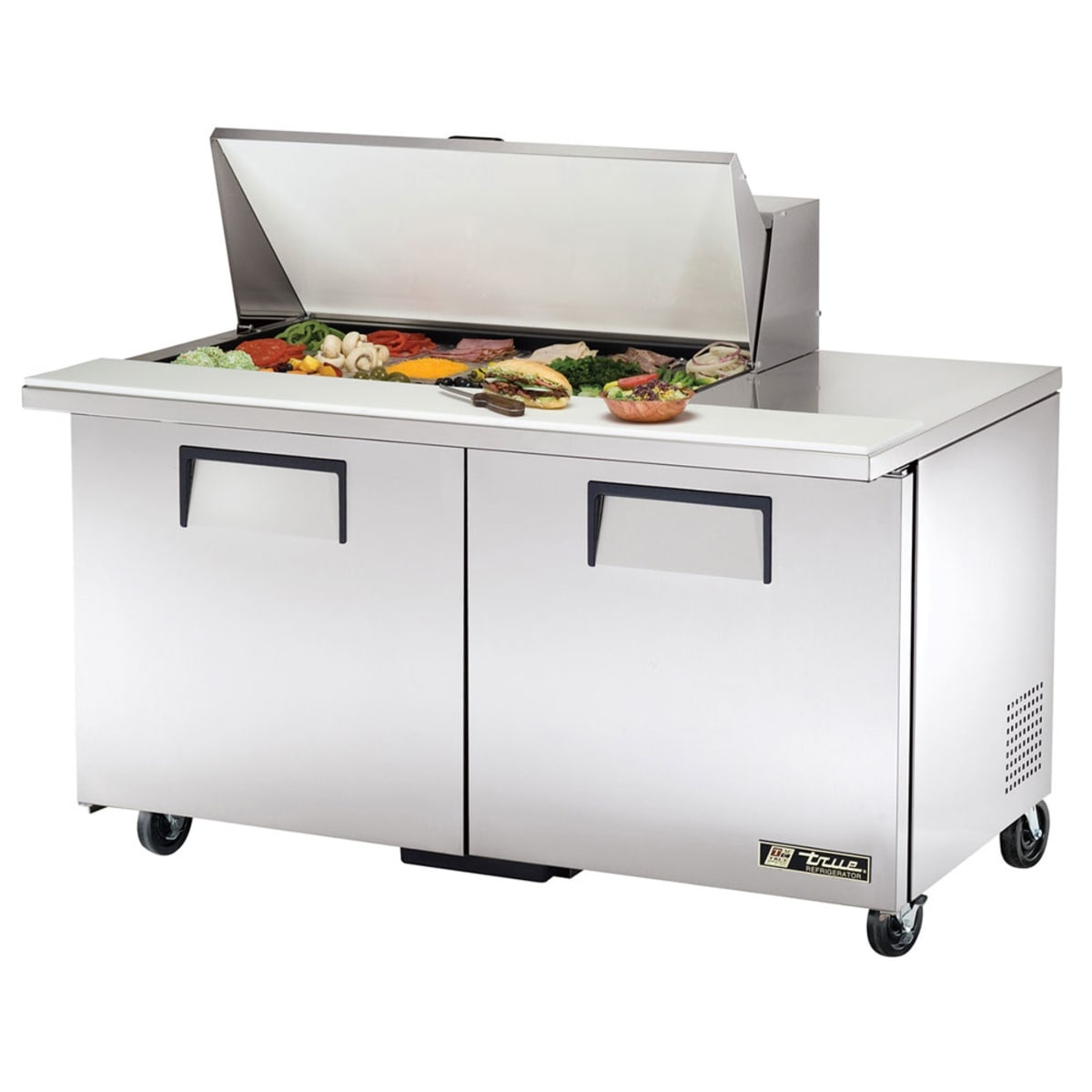 True TSSU-60-18M-B-HC mega top refrigerated sandwich prep table with raised lid and two solid doors