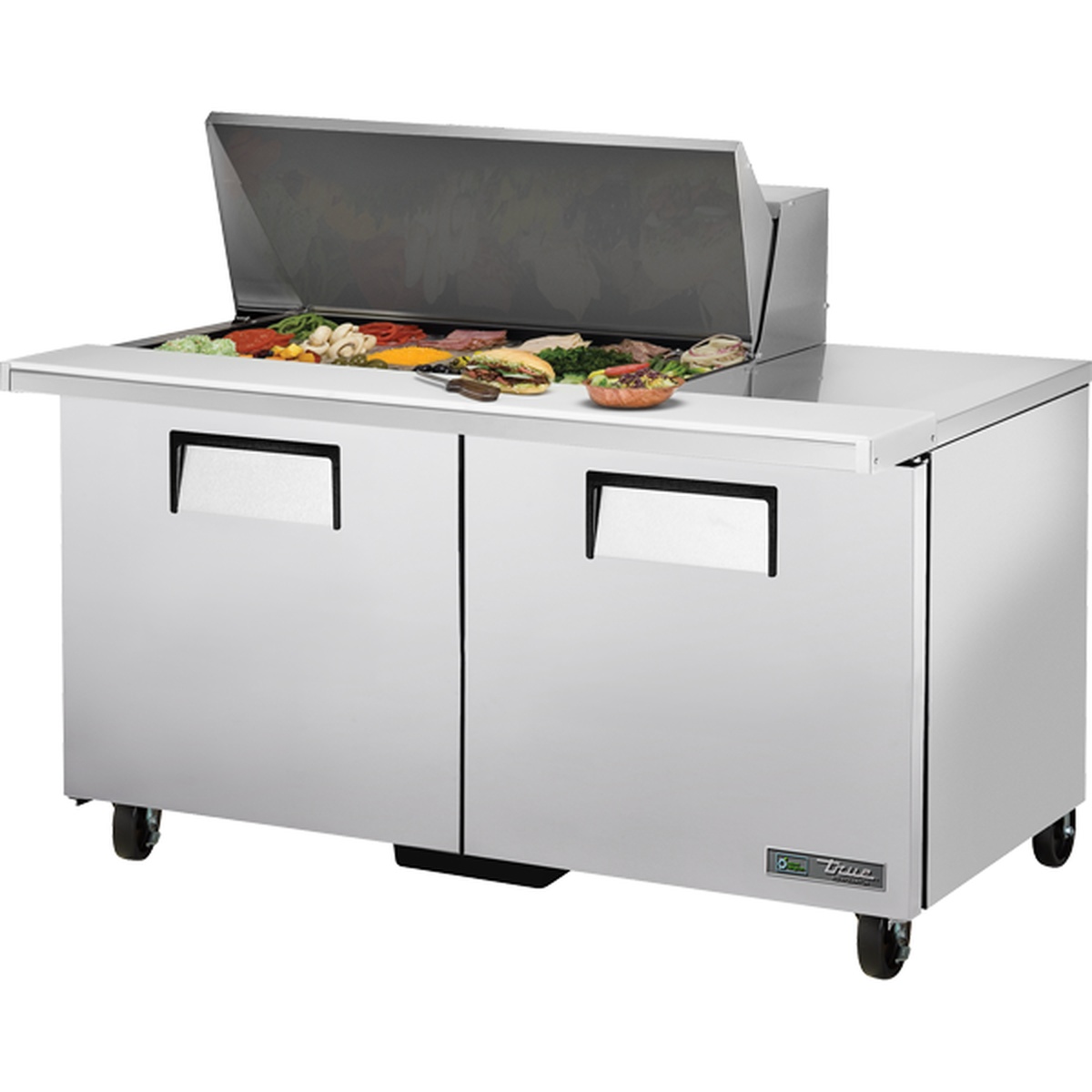 True TSSU-60-18M-B-HC 60-inch mega top sandwich and salad prep table with two solid doors, open insulated lid revealing food pans filled with ingredients