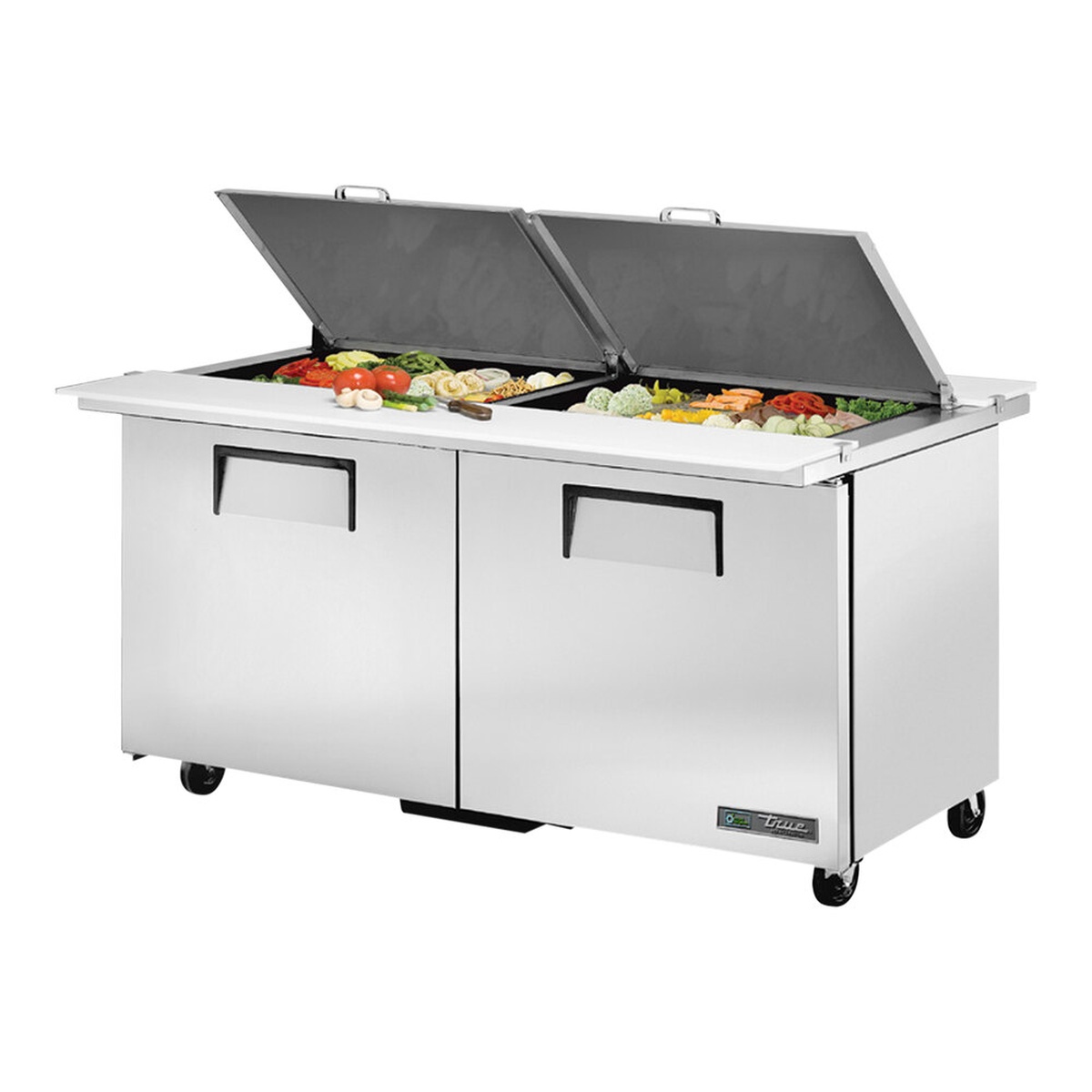 True TSSU-60-24M-B-DS-ST-HC dual-sided mega top sandwich prep table with both foam-insulated lids open revealing ingredient pans