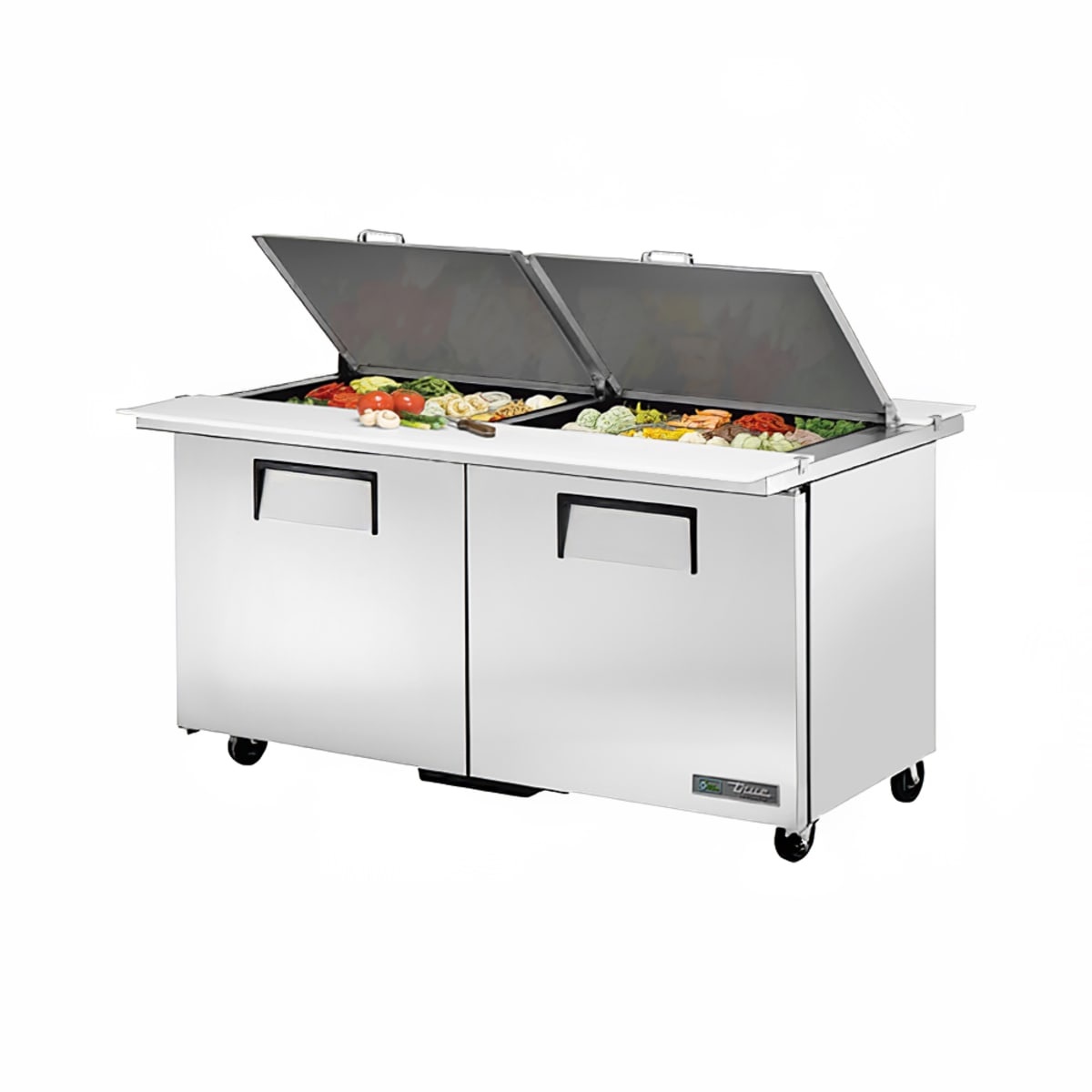 True dual-sided mega-top sandwich and salad prep table with two solid doors, raised pan rail with lids, and casters
