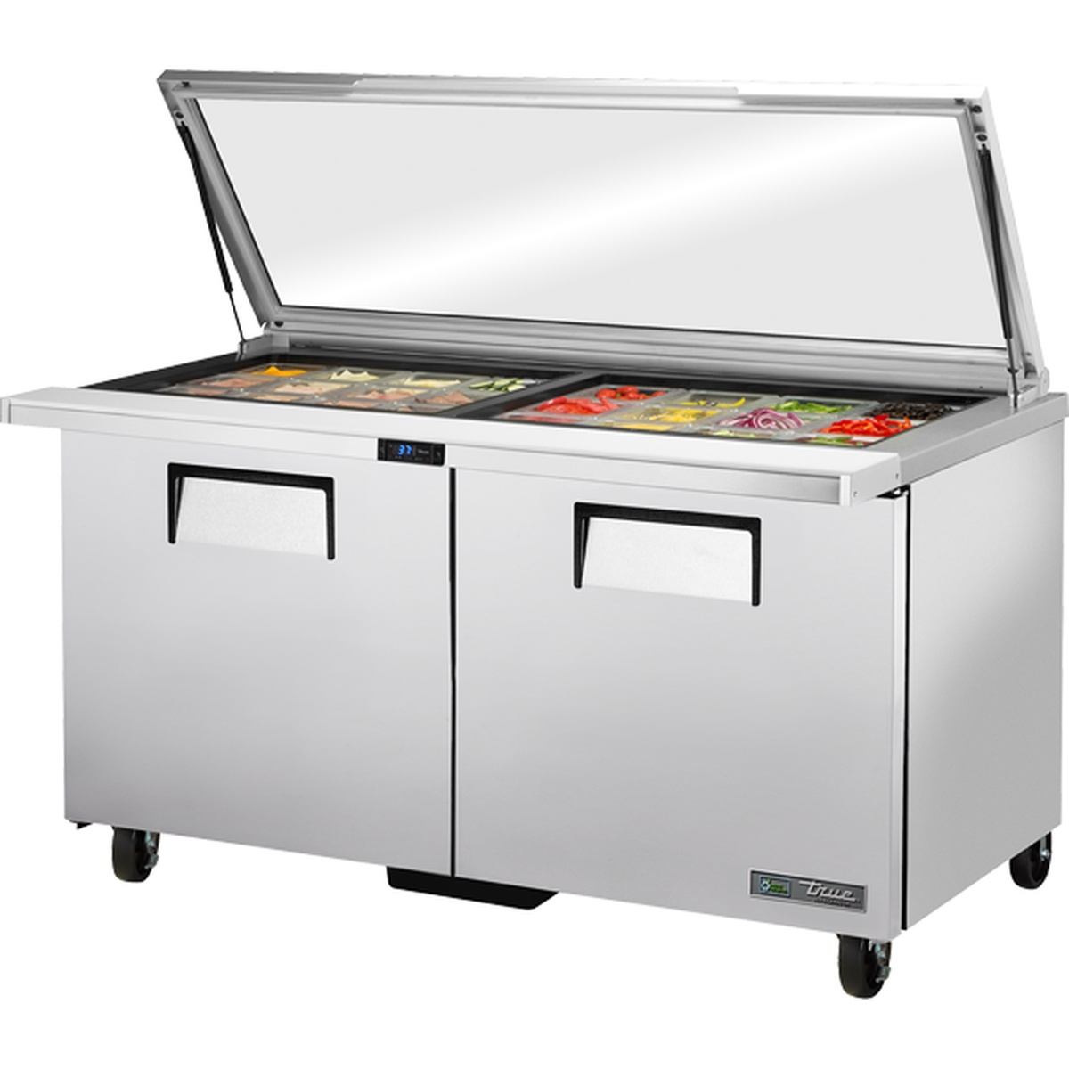 True TSSU-60-24M-B-ST-FGLID-HC 60-inch mega-top sandwich salad prep table with flat glass lid open showing filled ingredient pans