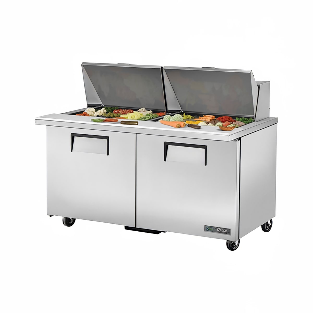 True TSSU-60-24M-B-ST-HC mega top sandwich prep table with ingredient pans and two solid doors