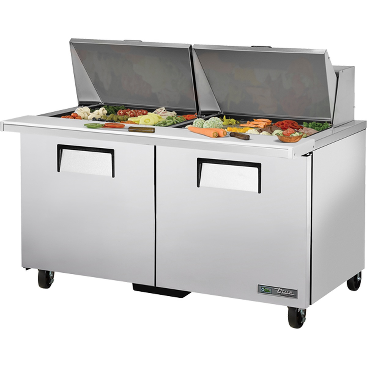 True TSSU-60-24M-B-ST-HC 60-inch two-door mega-top sandwich and salad prep unit with stainless steel lids open revealing full food pan rail