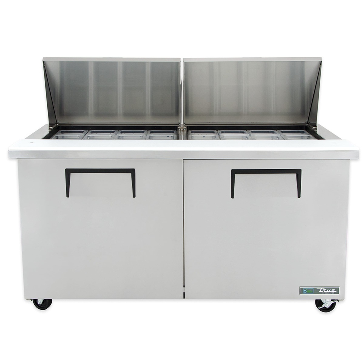 Front view of True TSSU-60-24M-B-ST-HC refrigerated prep table with two solid swing doors