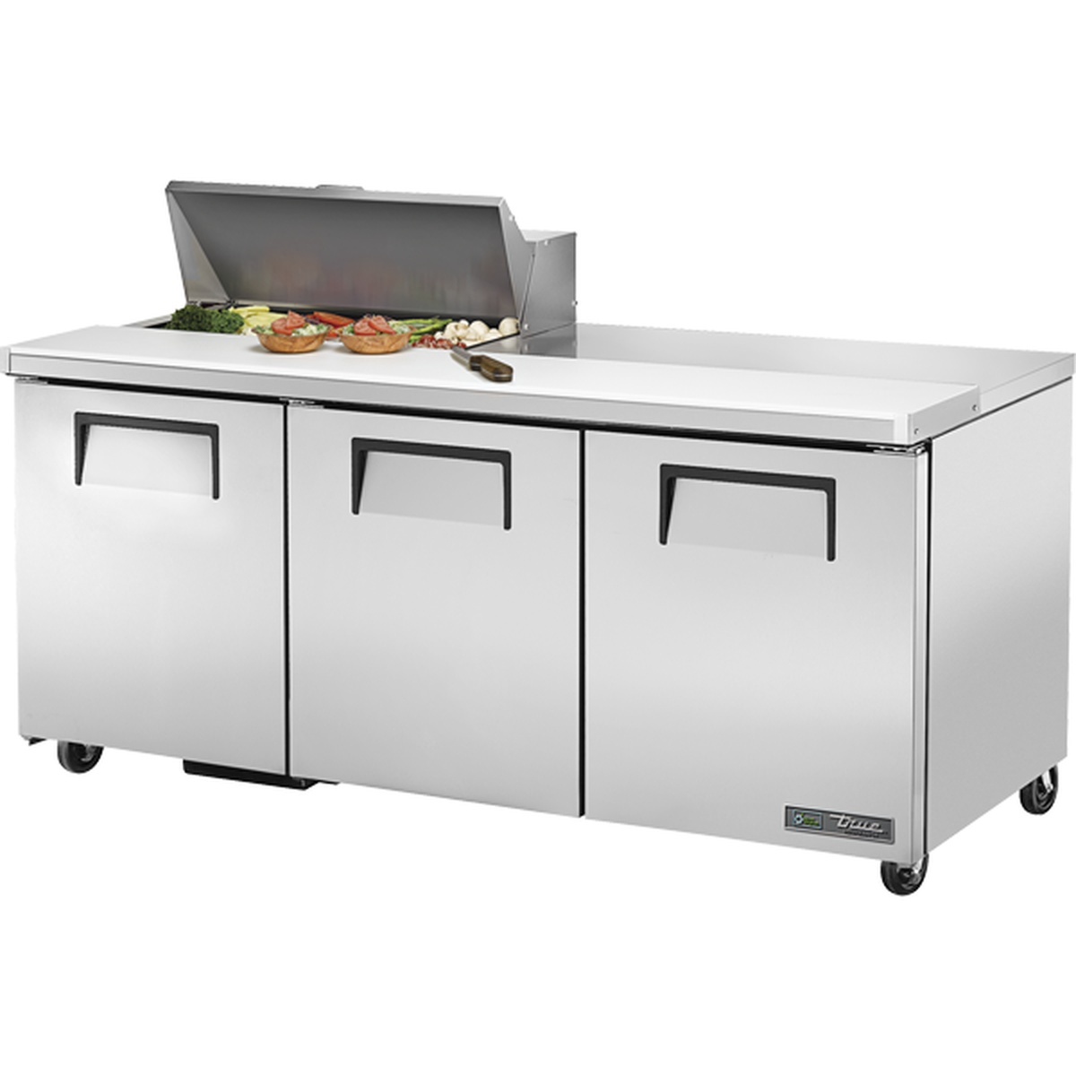 True Manufacturing TSSU-72-08-HC 72-inch three-door sandwich salad prep table with open stainless steel hood and ingredient pan rail