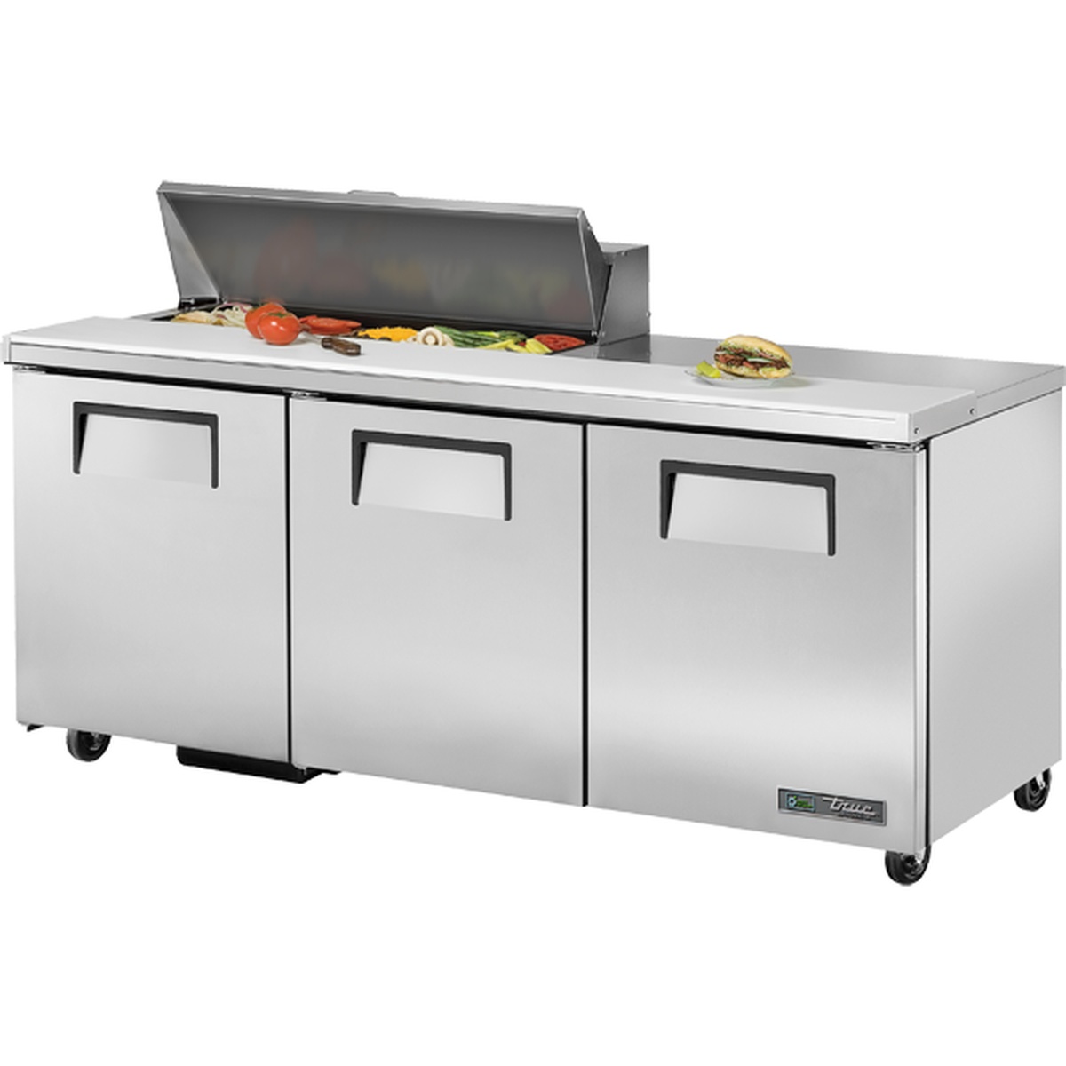 True TSSU-72-10-HC 72-inch 3-door stainless steel sandwich and salad prep table with open pan lid showing refrigerated top compartment