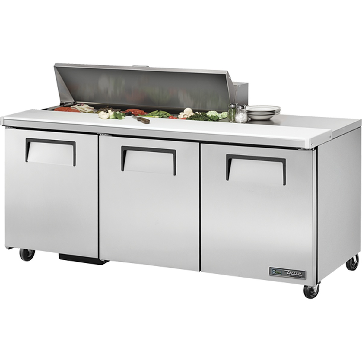 True TSSU-72-12-HC 3-door stainless steel refrigerated sandwich prep table with lift-up lid open