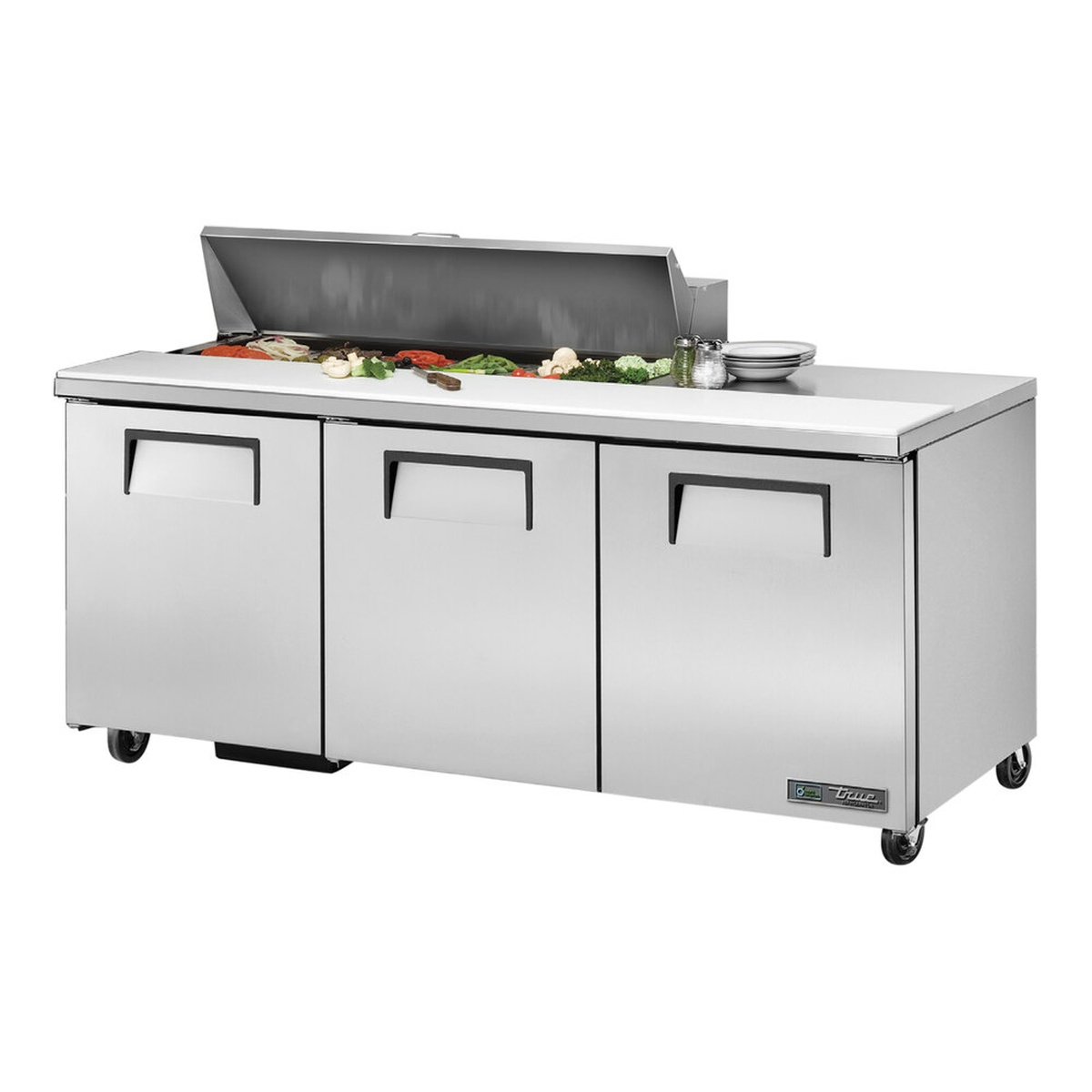 True TSSU-72-12-HC three-door refrigerated sandwich prep table with raised lid
