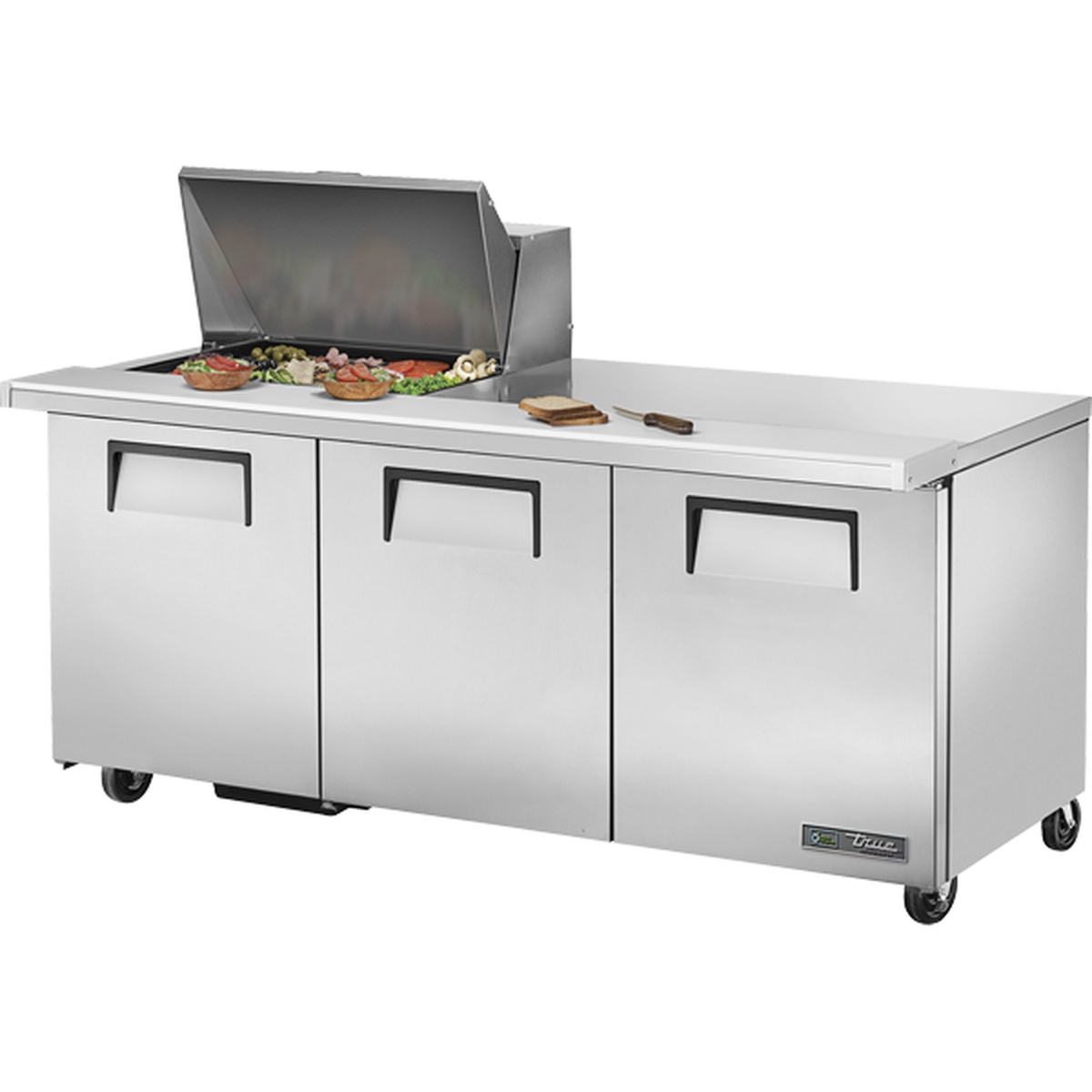 True TSSU-72-12M-B-HC 72-inch mega top sandwich and salad prep table with three solid doors, open insulated lid revealing pan compartments, on casters