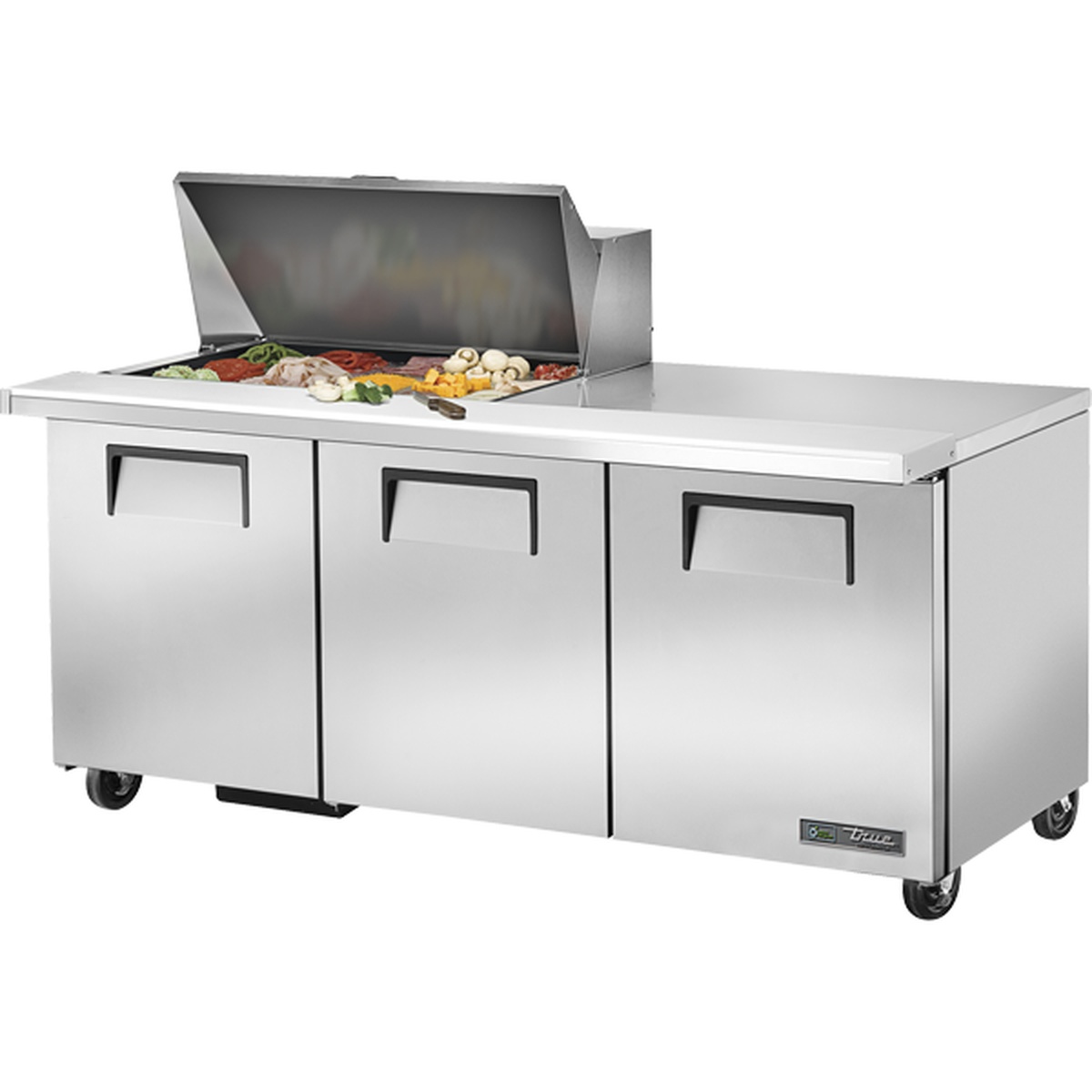 True TSSU-72-15M-B-HC 72-inch three-door mega-top sandwich and salad prep table with lid open showing ingredient pans