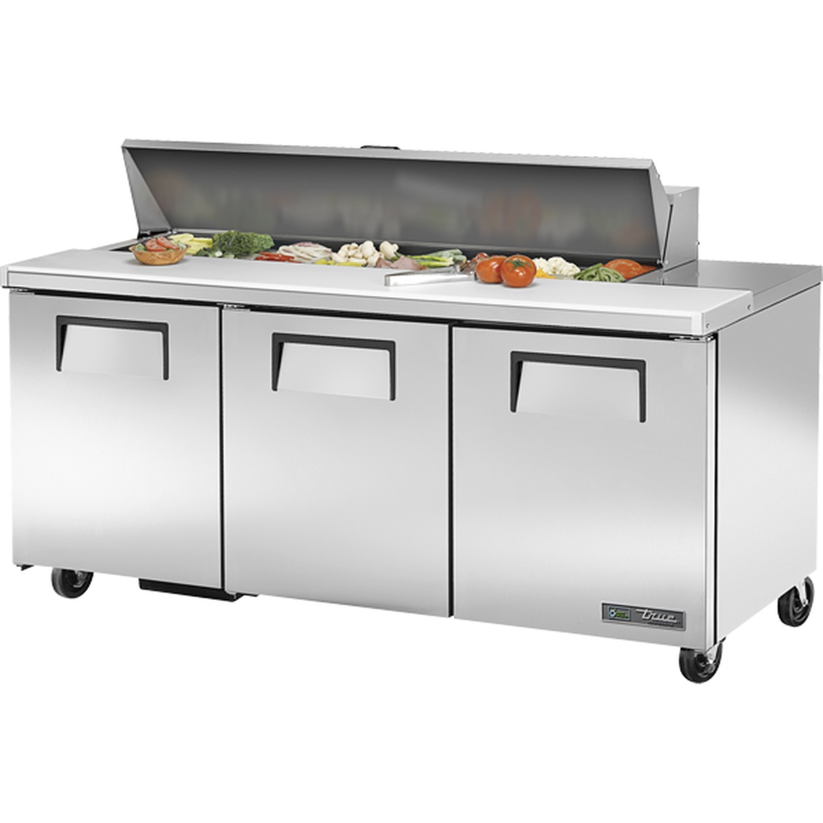 True TSSU-72-16-HC 72-inch three-door stainless steel sandwich and salad prep table with open insulated lid and ingredient pans