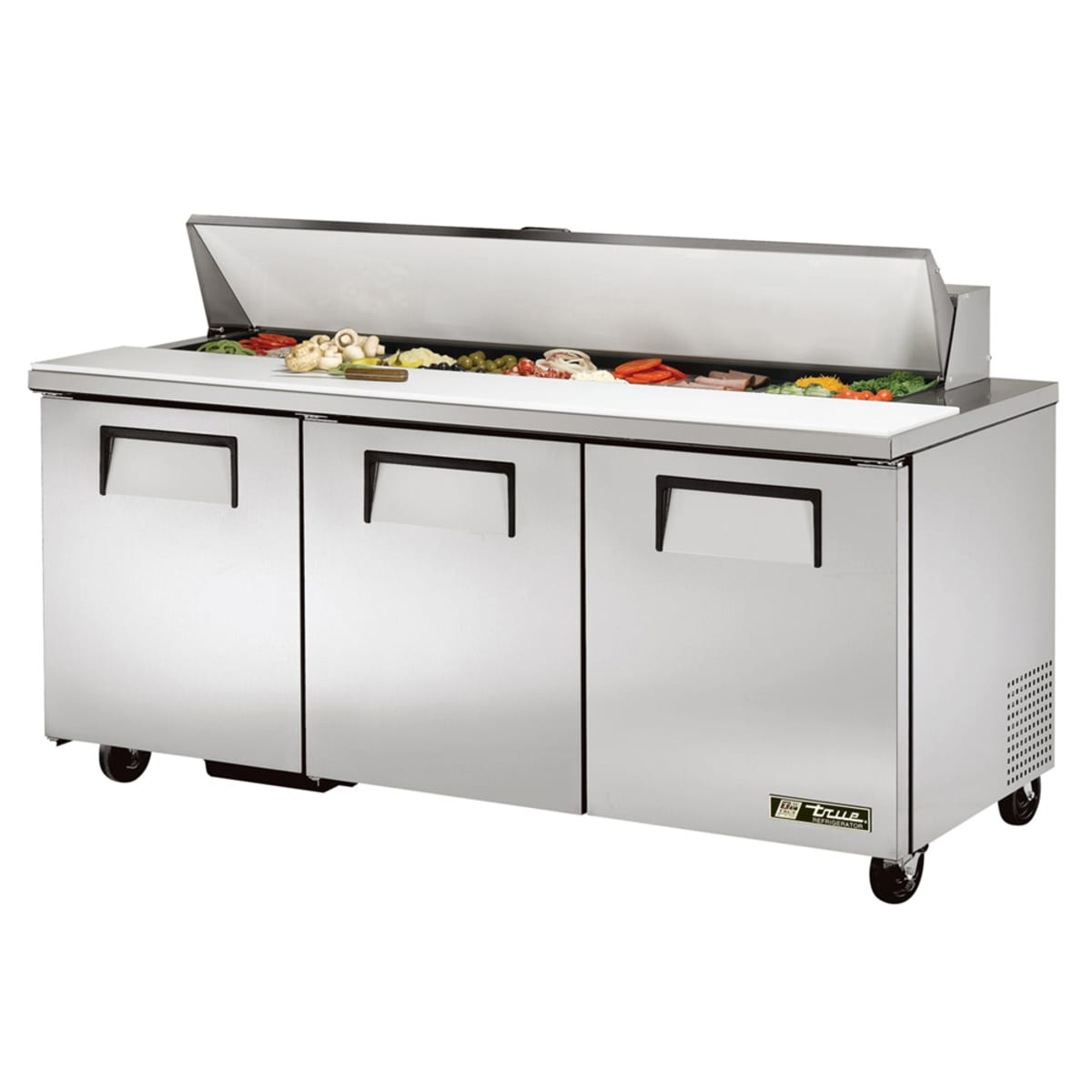 True TSSU-72-18-HC sandwich and salad prep table with raised ingredient rail lid and three solid doors