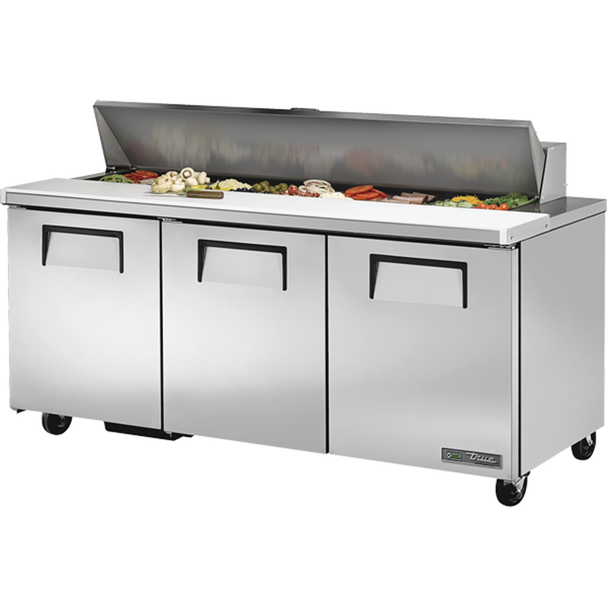 True TSSU-72-18-HC 72-inch 3-door stainless steel sandwich and salad prep table with open lid revealing full pan rail