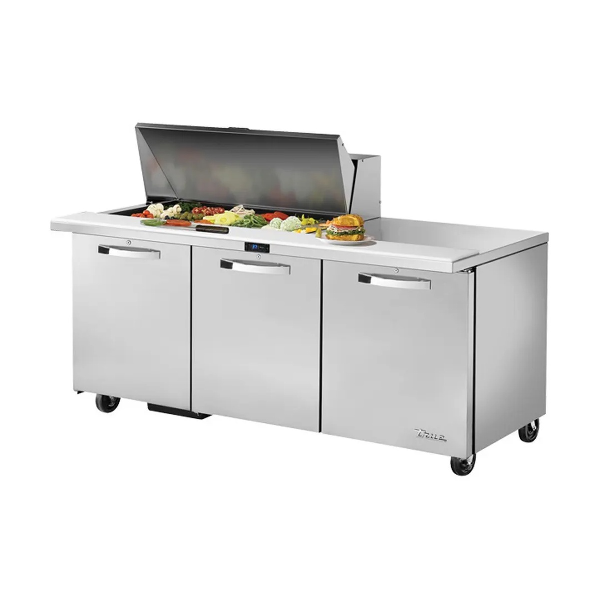 True TSSU-72-18M-B-HC 72-inch mega top sandwich salad prep table with open insulated lid showing 18 food pans and 3 solid stainless steel doors