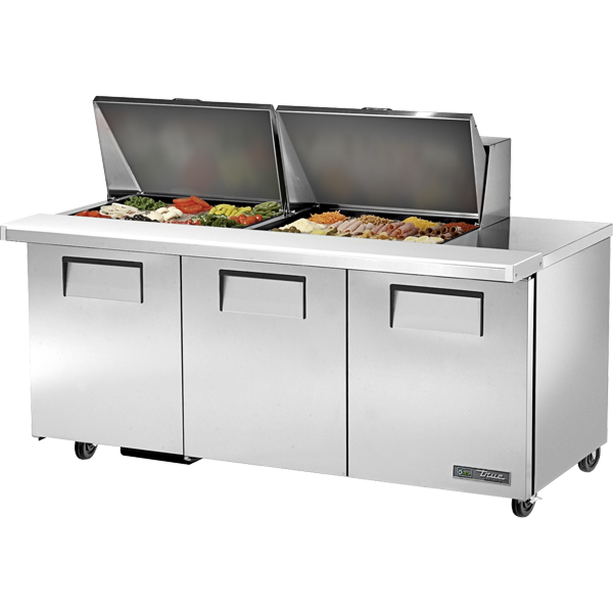 True TSSU-72-24M-B-ST-HC 72-inch mega-top sandwich and salad prep table with three solid doors, lids open showing 24 food pans loaded with fresh ingredients