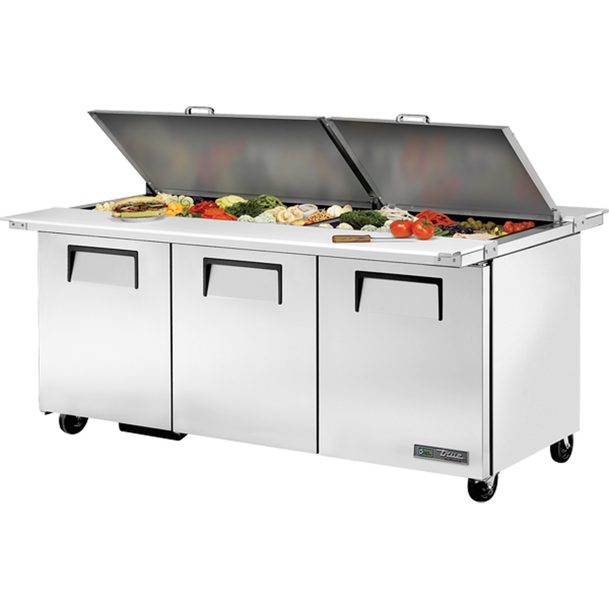 True TSSU-72-30M-B-DS-ST-HC 72-inch three-door dual-side mega top sandwich salad unit with insulated covers open showing ingredient pans
