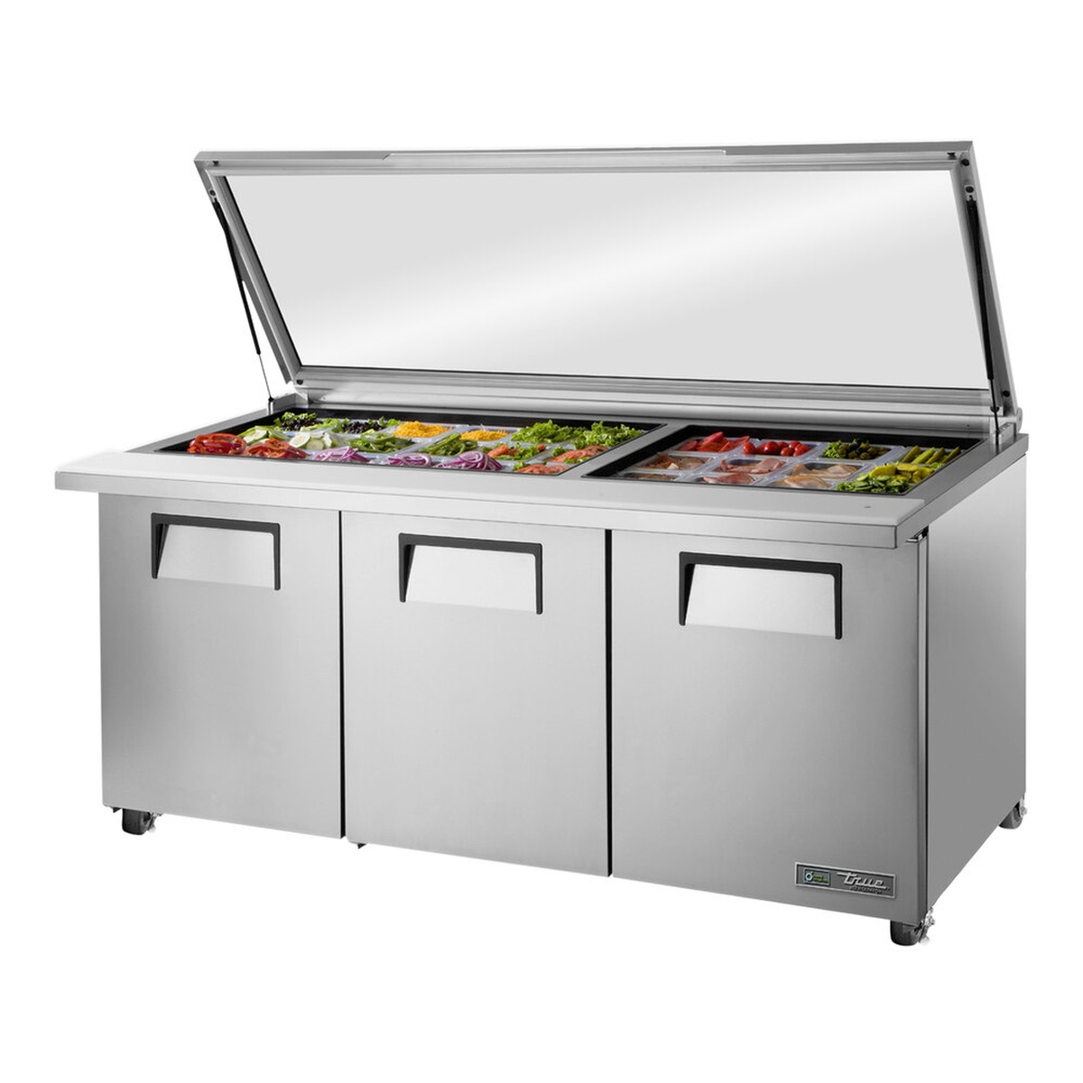 Three-door refrigerated sandwich prep table with hinged flat glass lid and ingredient pans
