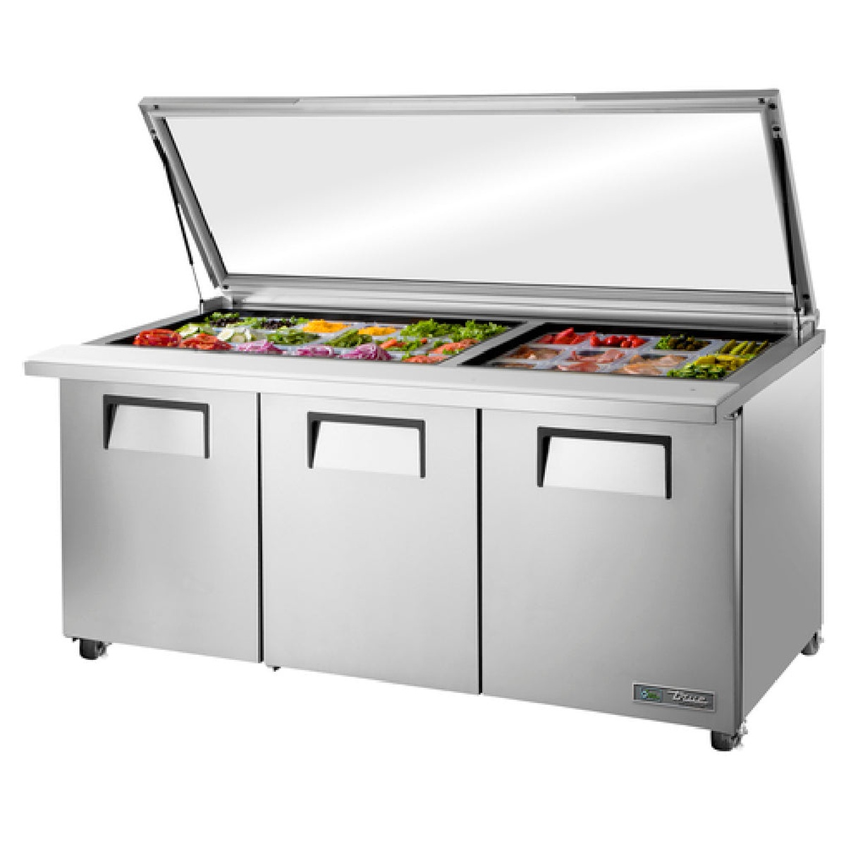 True TSSU-72-30M-B-ST-FGLID-HC 72-inch 3-door mega top sandwich salad prep table front view with flat glass lid raised revealing filled polycarbonate food pans