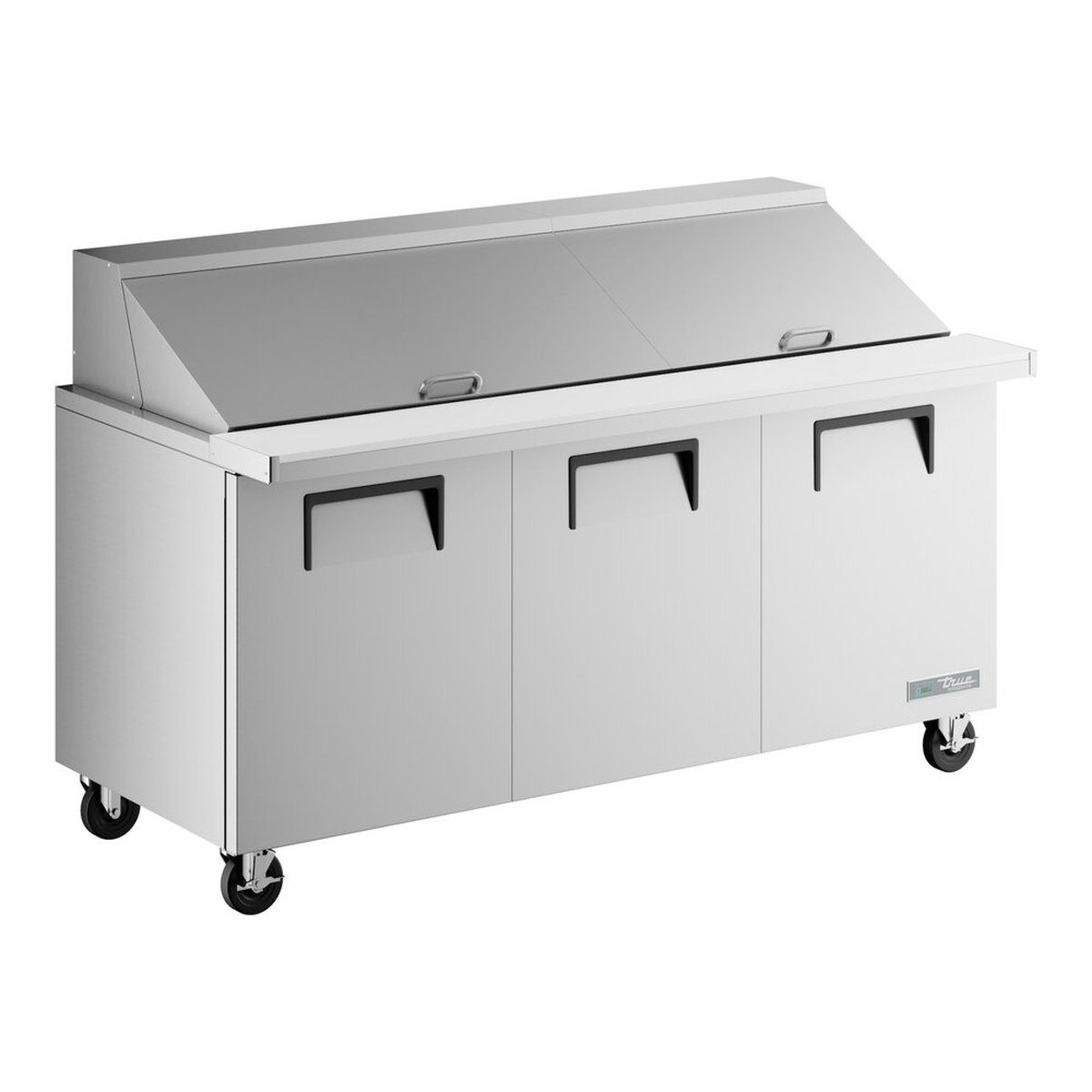 True TSSU-72-30M-B-ST-HC 72-inch 3-door mega top sandwich and salad prep table on casters, stainless steel exterior with insulated lift-up lids