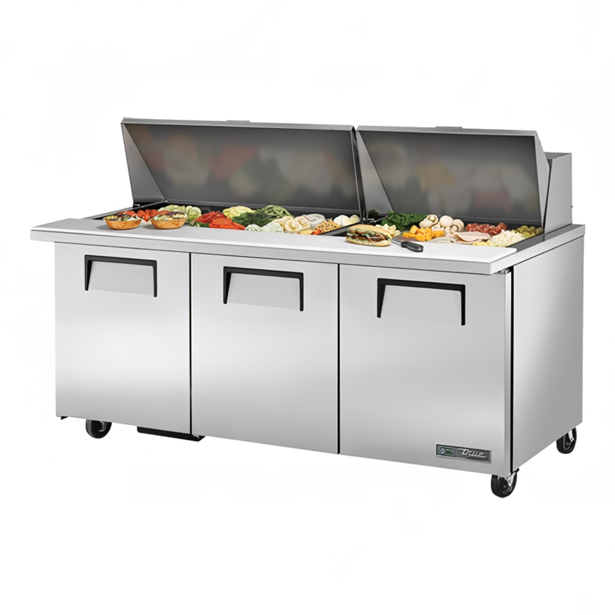 True TSSU-72-30M-B-ST-HC mega-top sandwich prep table with three solid doors