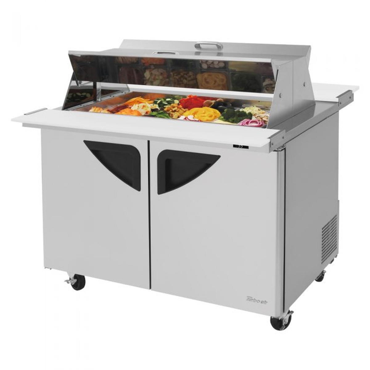 Turbo Air TST-48SD-18-N-DS 48-inch dual-sided mega top sandwich prep table with open lids showing 18 food pans filled with fresh ingredients