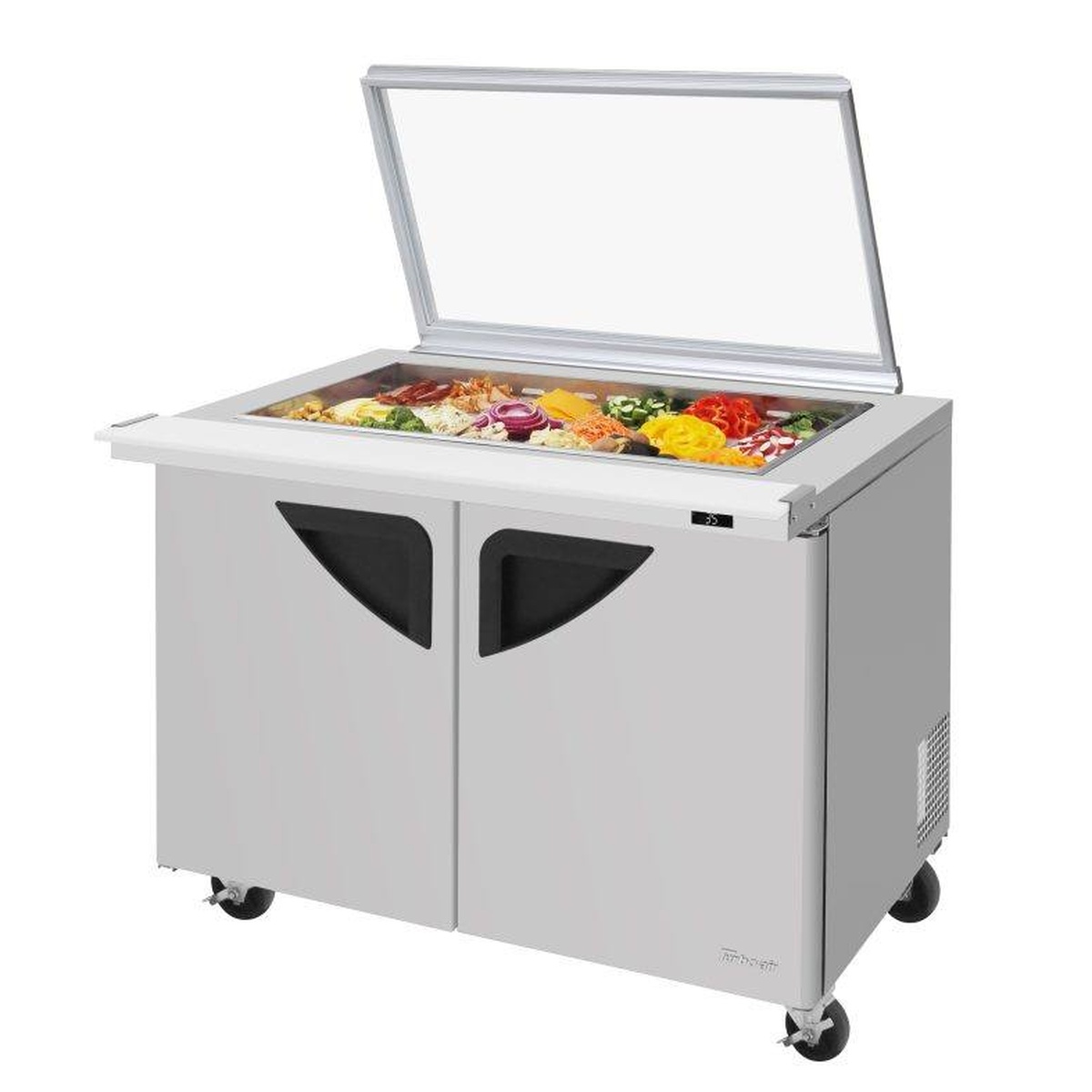 Turbo Air TST-48SD-18-N-GL 48-inch two-door mega top sandwich prep table with tempered glass lid open showing 18 food pans filled with fresh ingredients