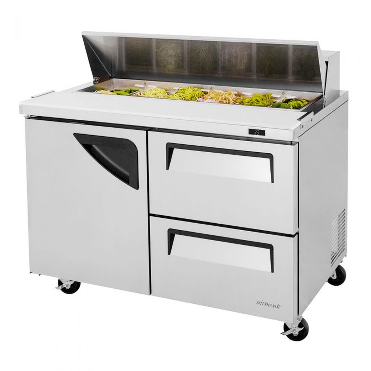Turbo Air sandwich prep table with raised ingredient cover and pan rail