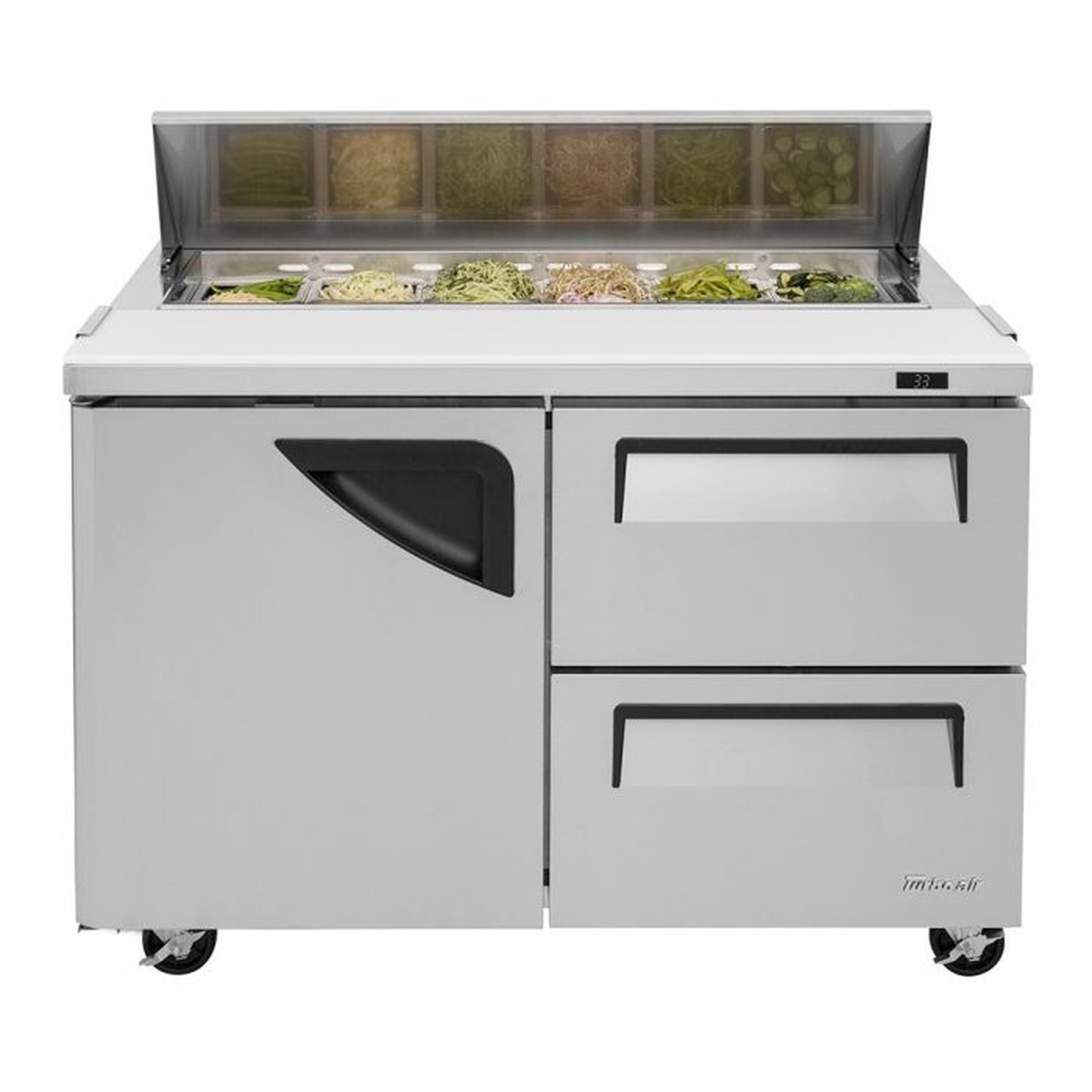 Front view of Turbo Air refrigerated prep table showing digital temperature display