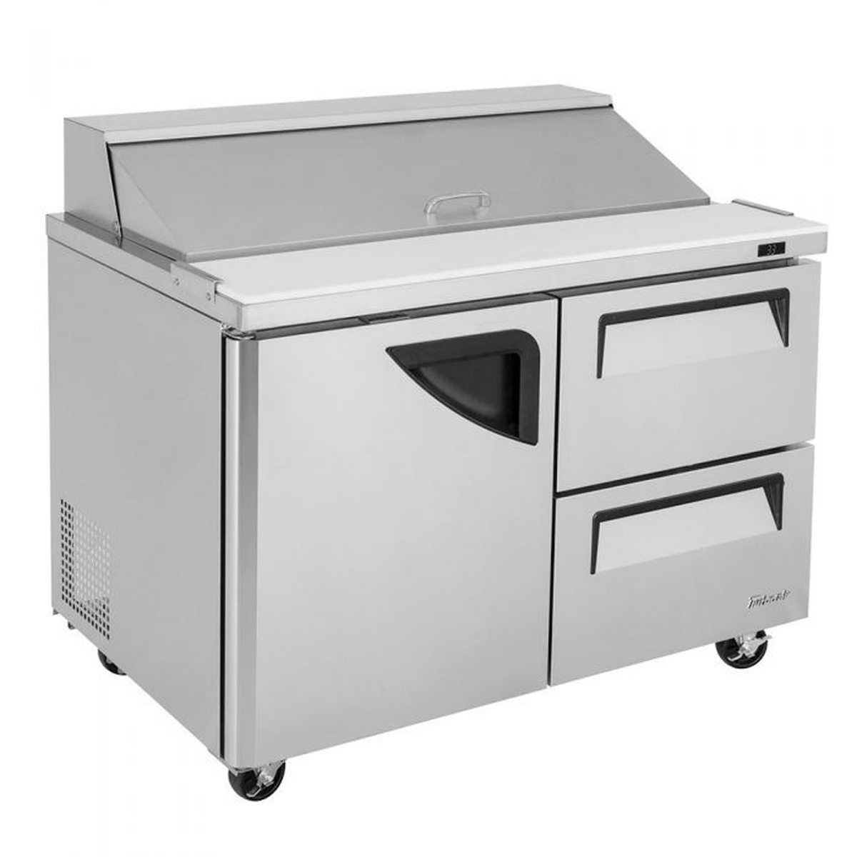 Turbo Air prep table with closed ingredient cover and stainless exterior