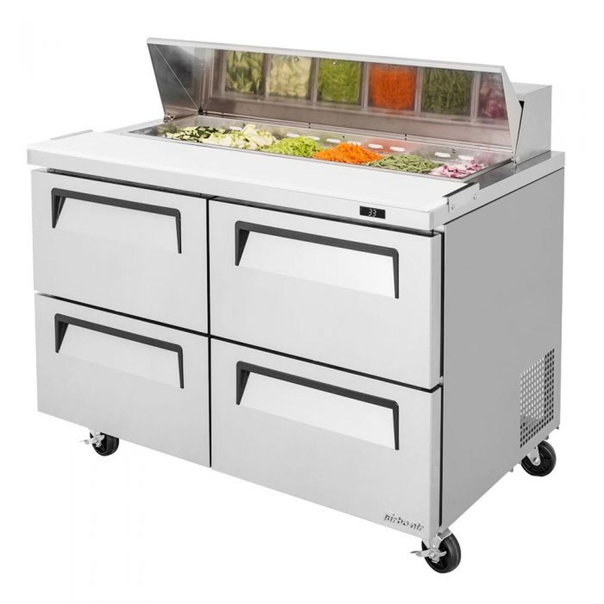 Angled front view of Turbo Air TST-48SD-D4-N sandwich prep table with four drawers and mega top pan rail