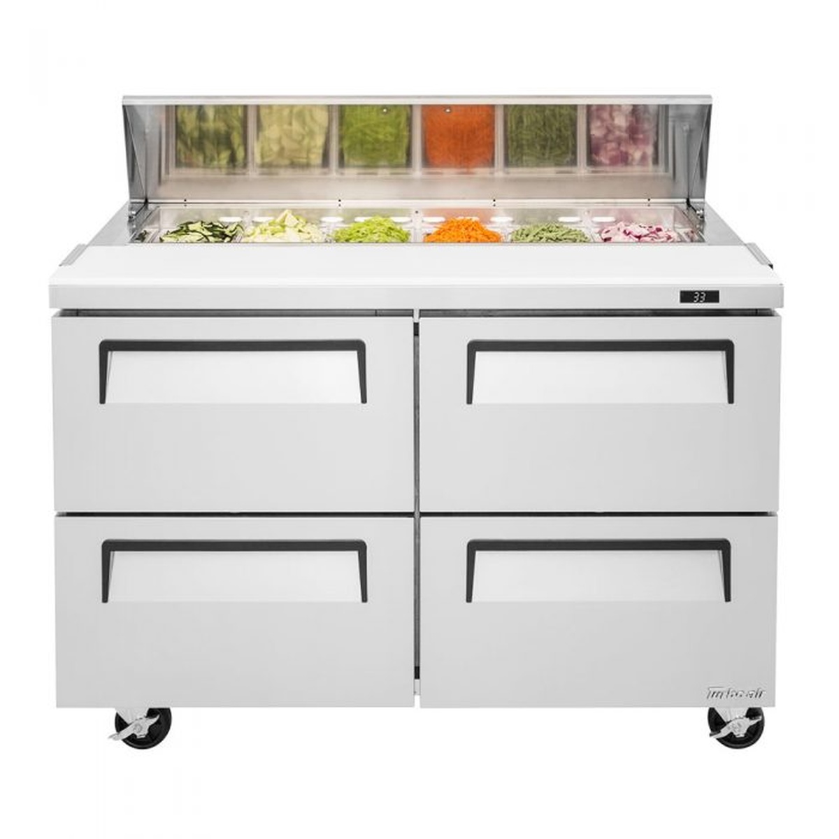 Front view of Turbo Air TST-48SD-D4-N refrigerated sandwich prep table showing four drawer fronts and top ingredient rail