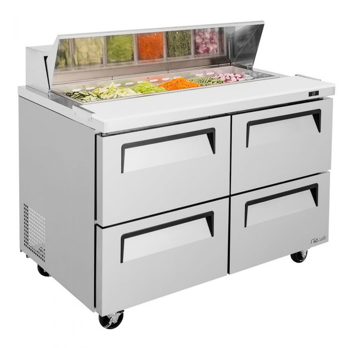 Angled view of Turbo Air TST-48SD-D4-N prep table highlighting stainless cabinet and open top pan area