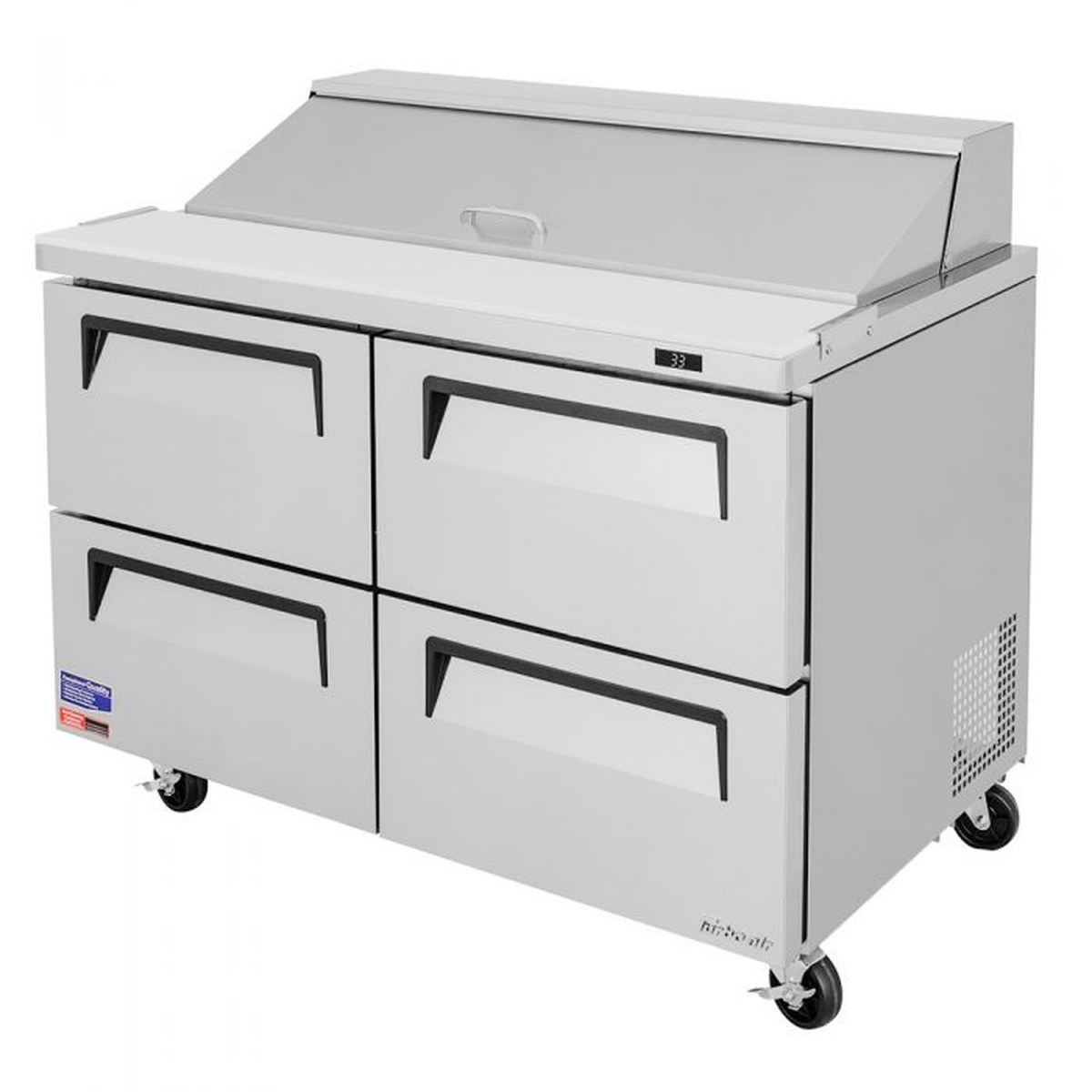 Turbo Air TST-48SD-D4-N prep table with insulated pan cover closed and four drawer refrigerated base