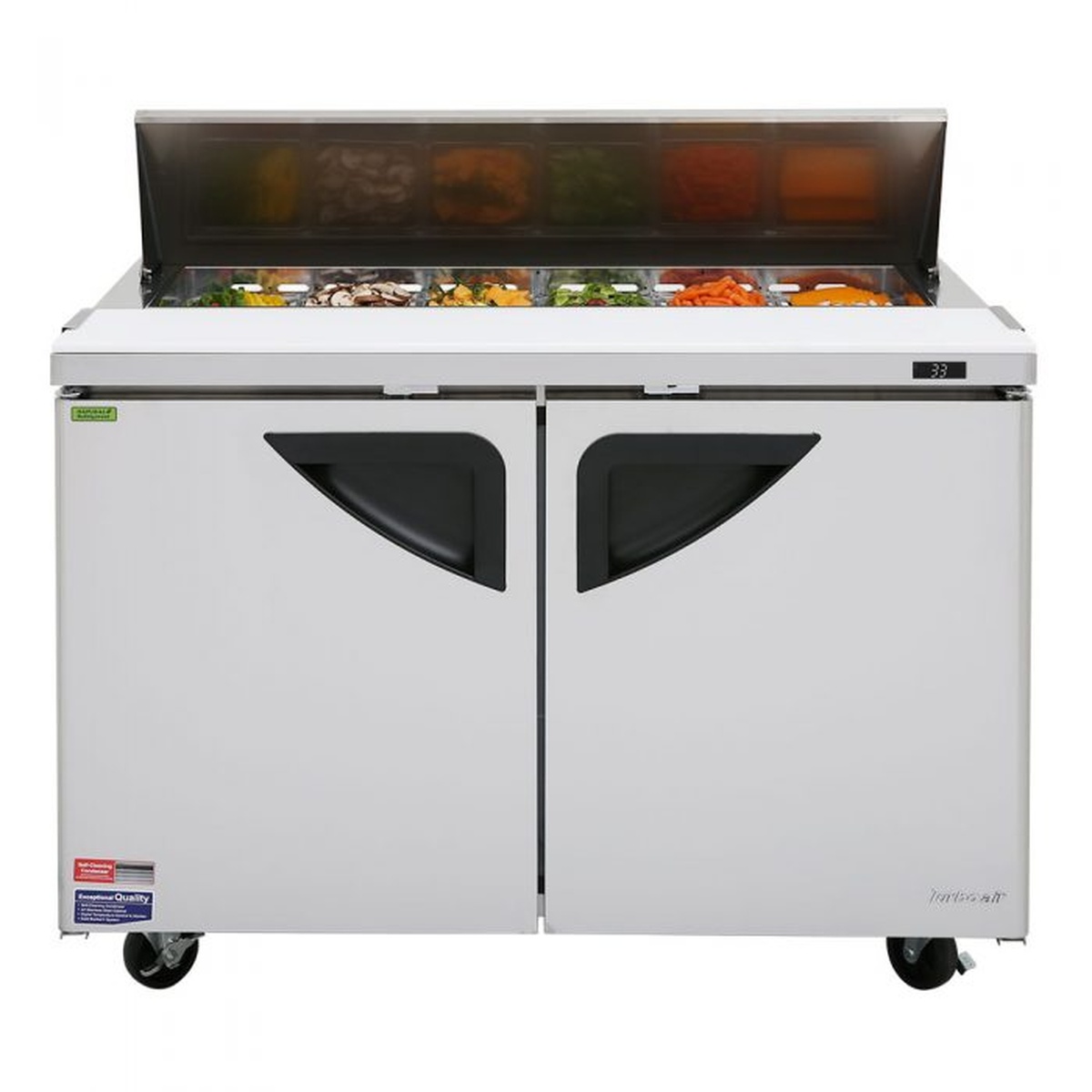 Front view of Turbo Air TST-48SD-N two door refrigerated prep table
