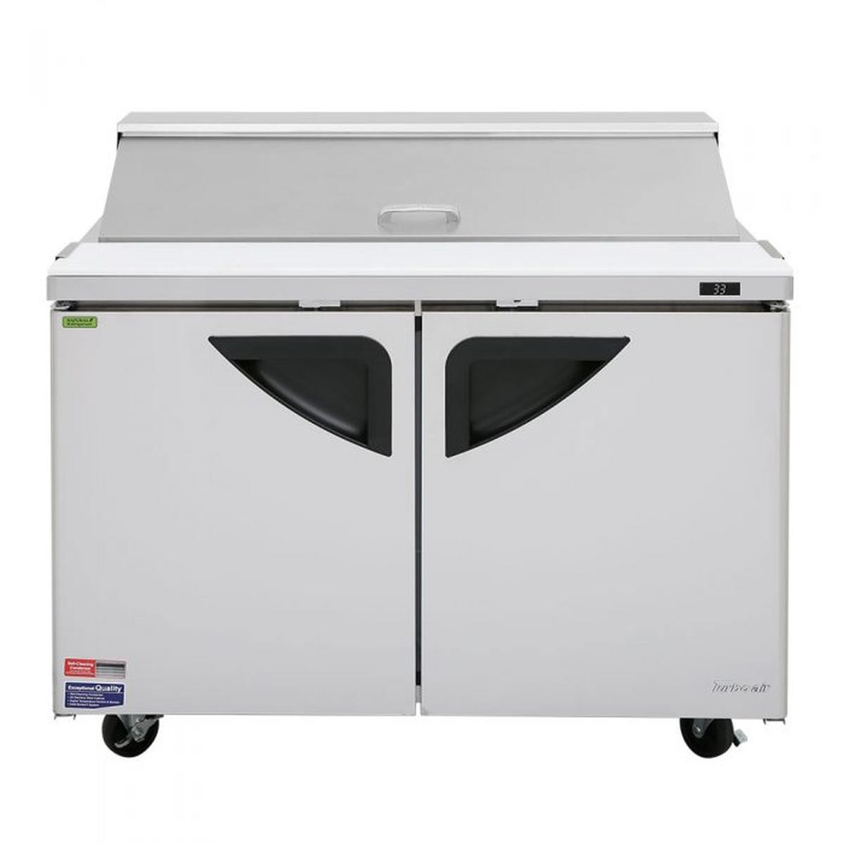 Front view of Turbo Air TST-48SD-N refrigerated prep table with lid closed