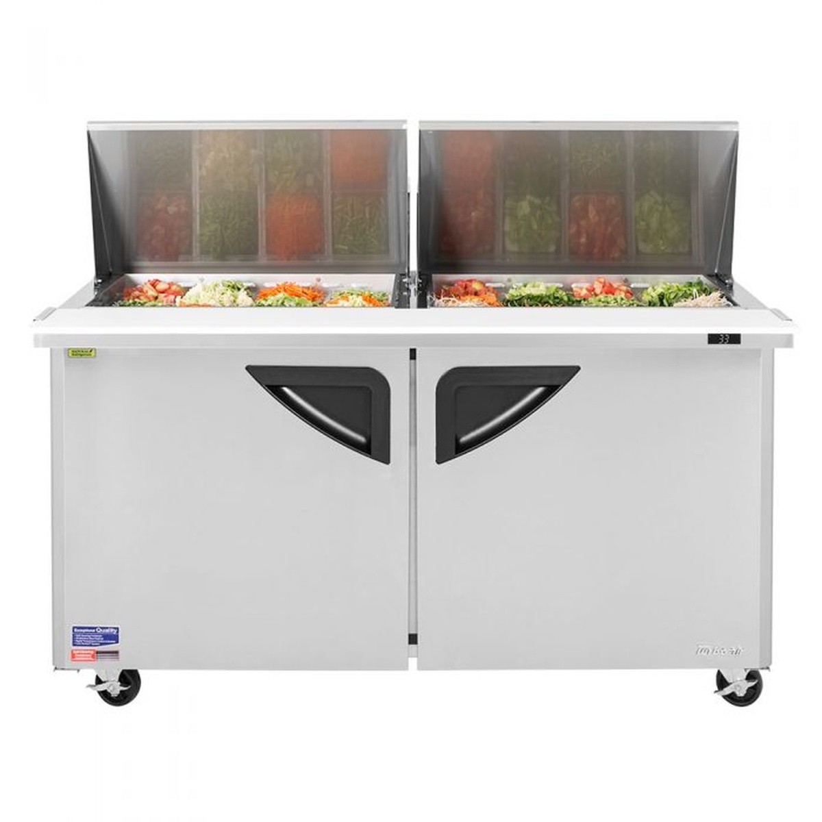 Front view of Turbo Air TST-60SD-24-N two door refrigerated prep table