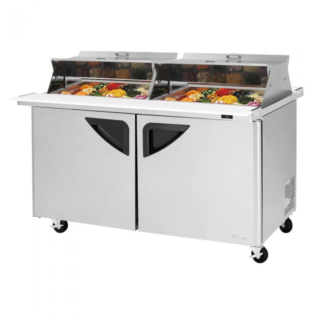 Turbo Air TST-60SD-24-N-DS 60-inch two-door stainless steel sandwich and salad prep table with dual-sided mega top open showing condiment pans filled with fresh ingredients