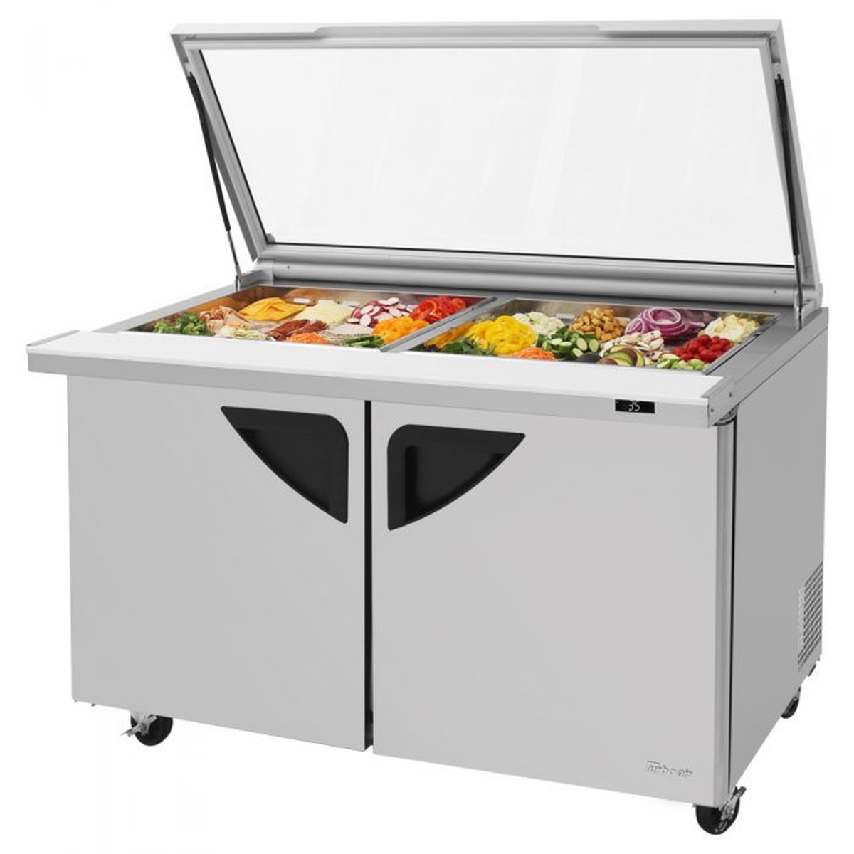Turbo Air TST-60SD-24-N-GL two-door mega top sandwich prep table with hinged tempered glass lid open, showing 24-pan food compartment