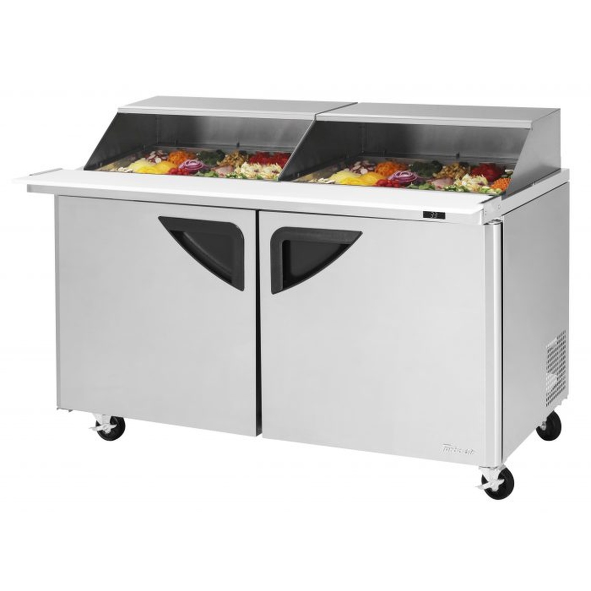 Turbo Air TST-60SD-24-N-SL 60-inch two-door mega top sandwich prep table with slide-back lids open and food pans loaded