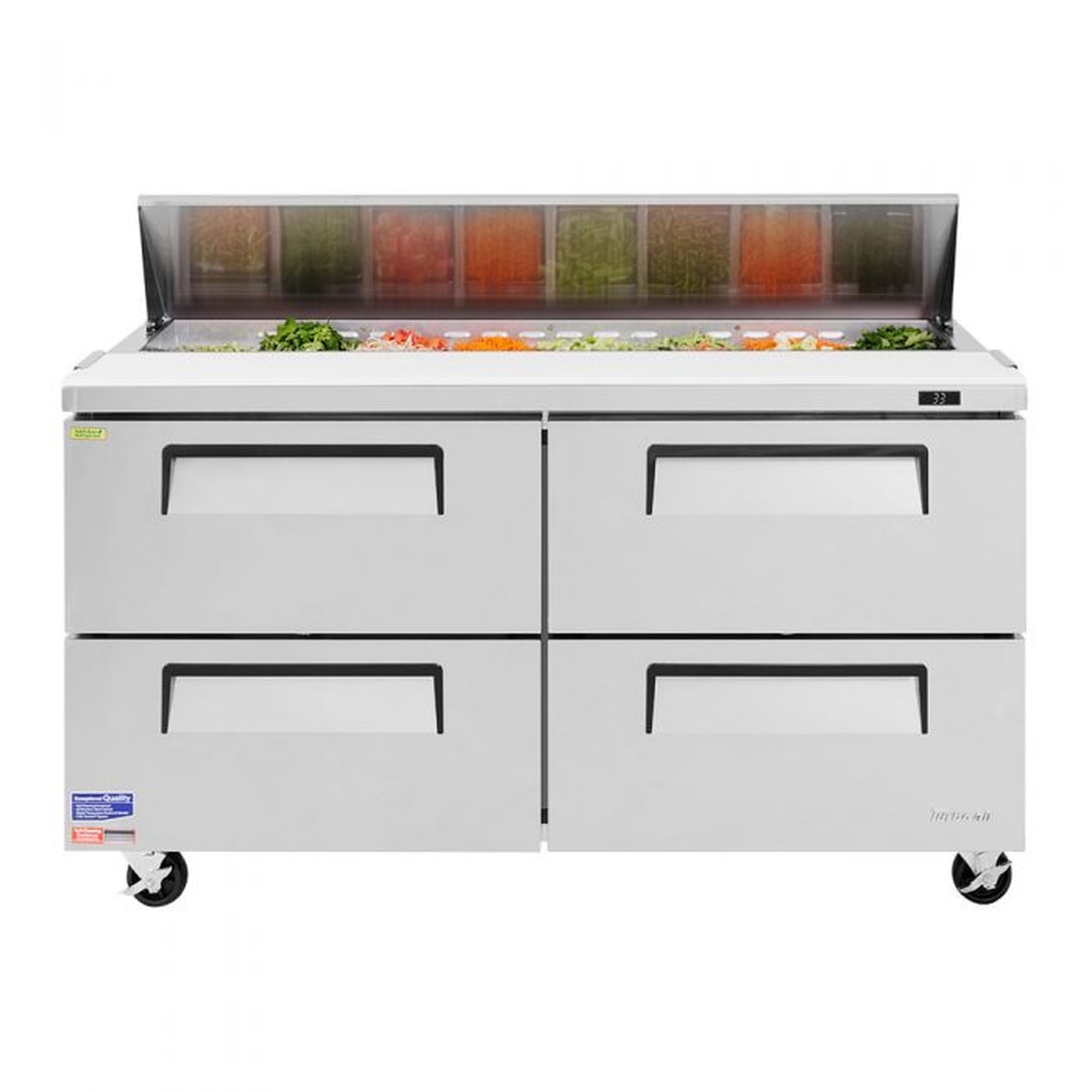 Turbo Air TST-60SD-D4-N front view showing four stainless steel drawers with recessed handles and open top pan rail with condiment pans