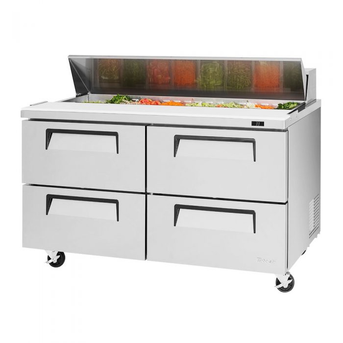 Turbo Air TST-60SD-D4-N 60-inch sandwich prep table angled view showing open insulated pan cover with condiment pans and four stainless steel drawers