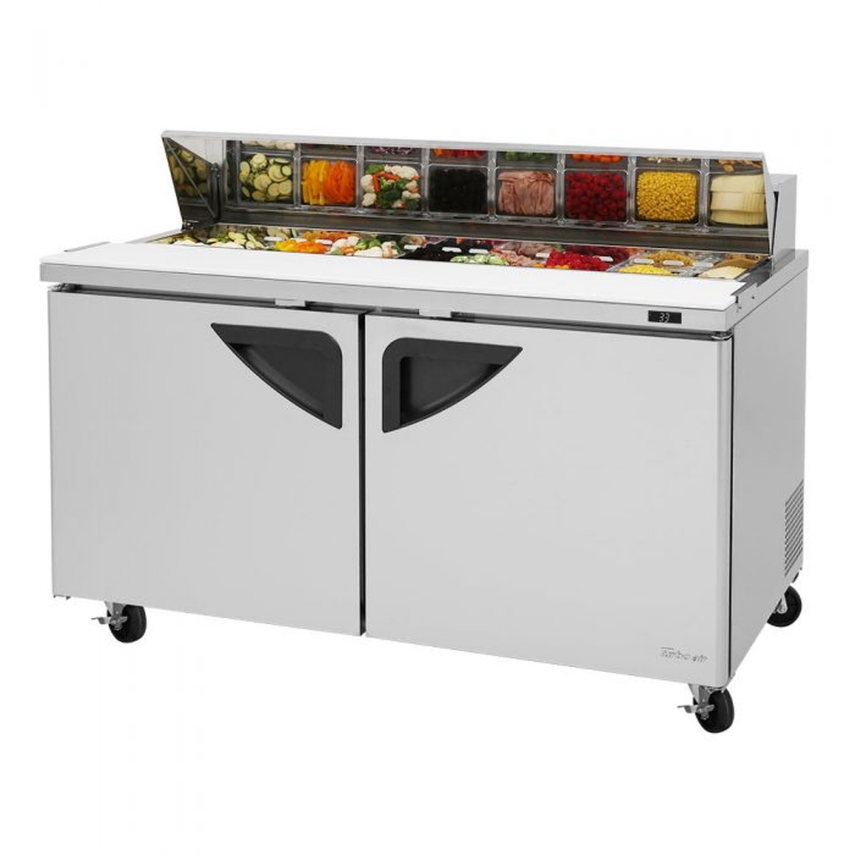 Turbo Air TST-60SD-N two door sandwich prep table with open pan rail