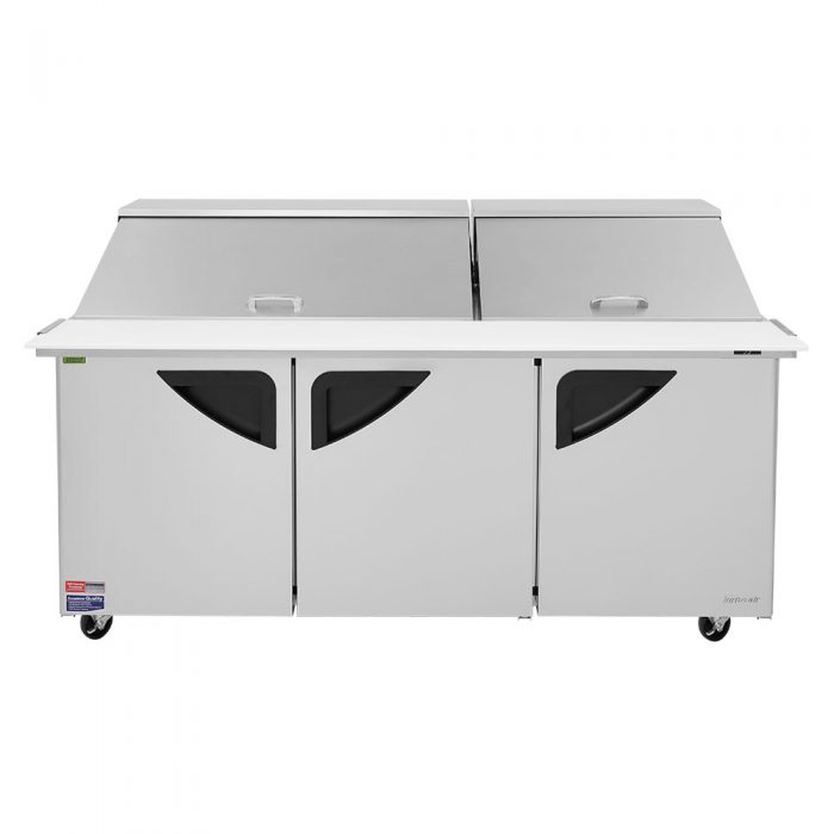 Front view of Turbo Air three door sandwich prep table with lids closed
