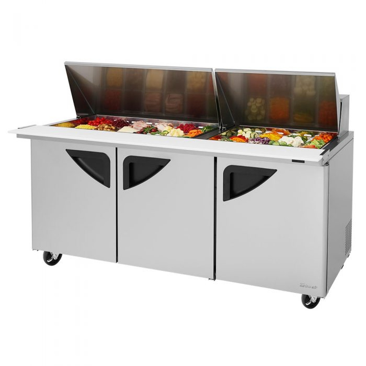 Turbo Air three door mega top sandwich prep table with raised lids and ingredient pan area