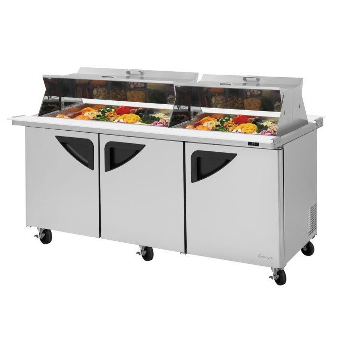 Turbo Air TST-72SD-30-N-DS 72-inch three-door mega top dual-sided sandwich prep table with open insulated lids and food pans loaded with toppings