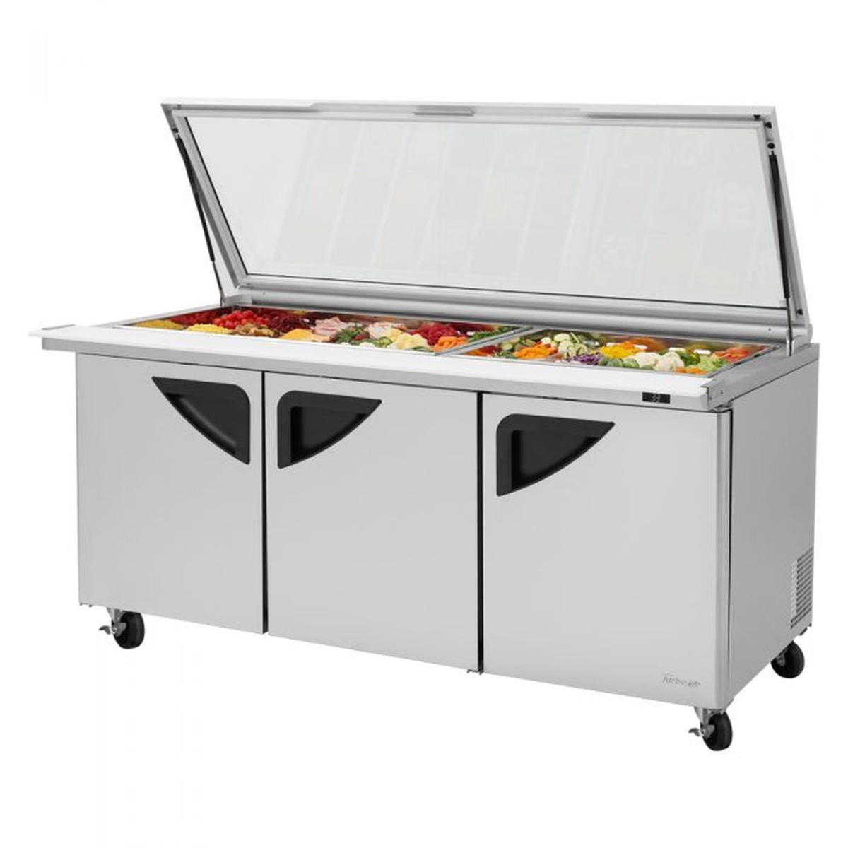 Turbo Air TST-72SD-30-N-GL three-section sandwich prep table with tempered glass lid open revealing full 30-pan food pan area loaded with fresh ingredients