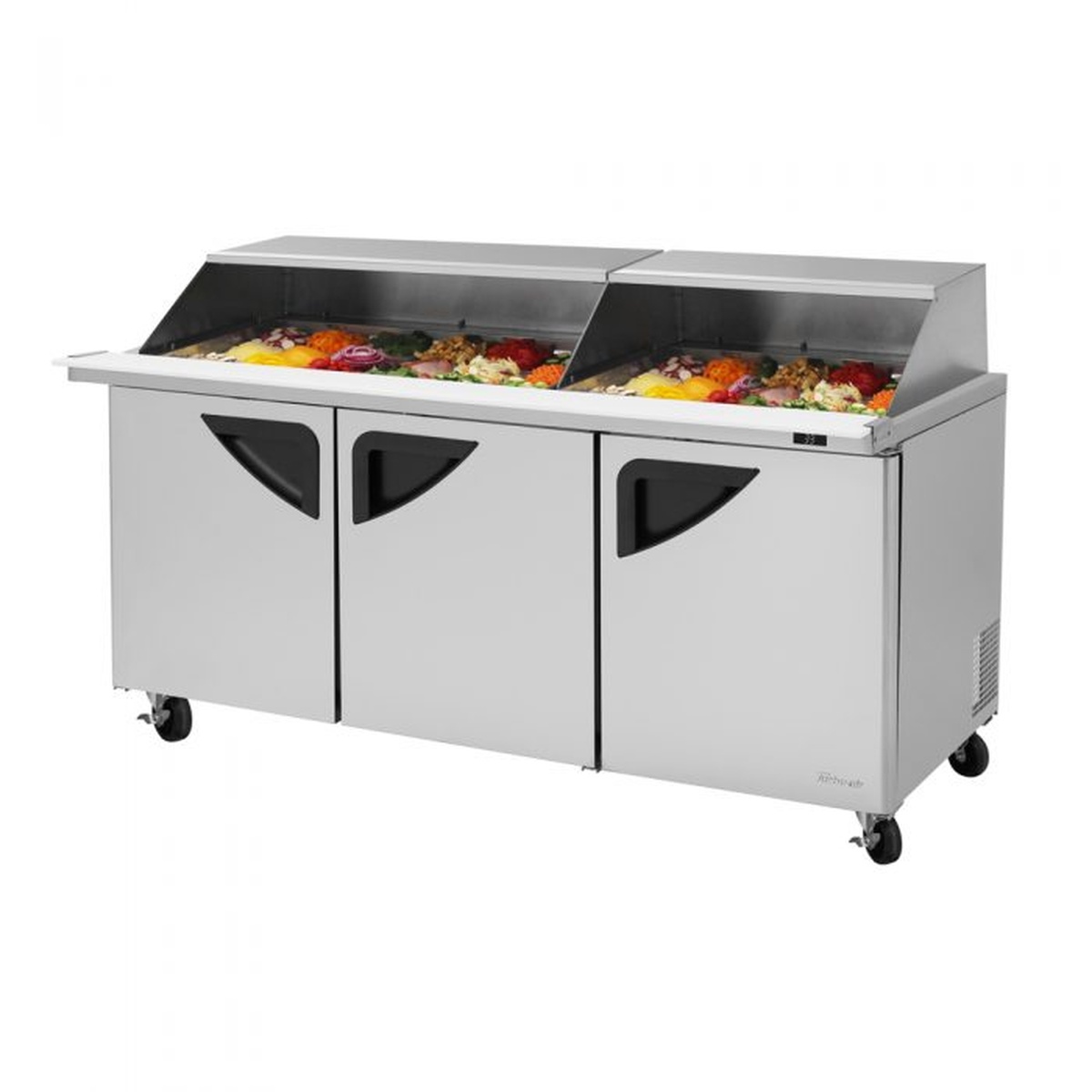 Turbo Air TST-72SD-30-N-SL 72-inch three-door mega top sandwich and salad prep table with slide-back lids open showing food pans