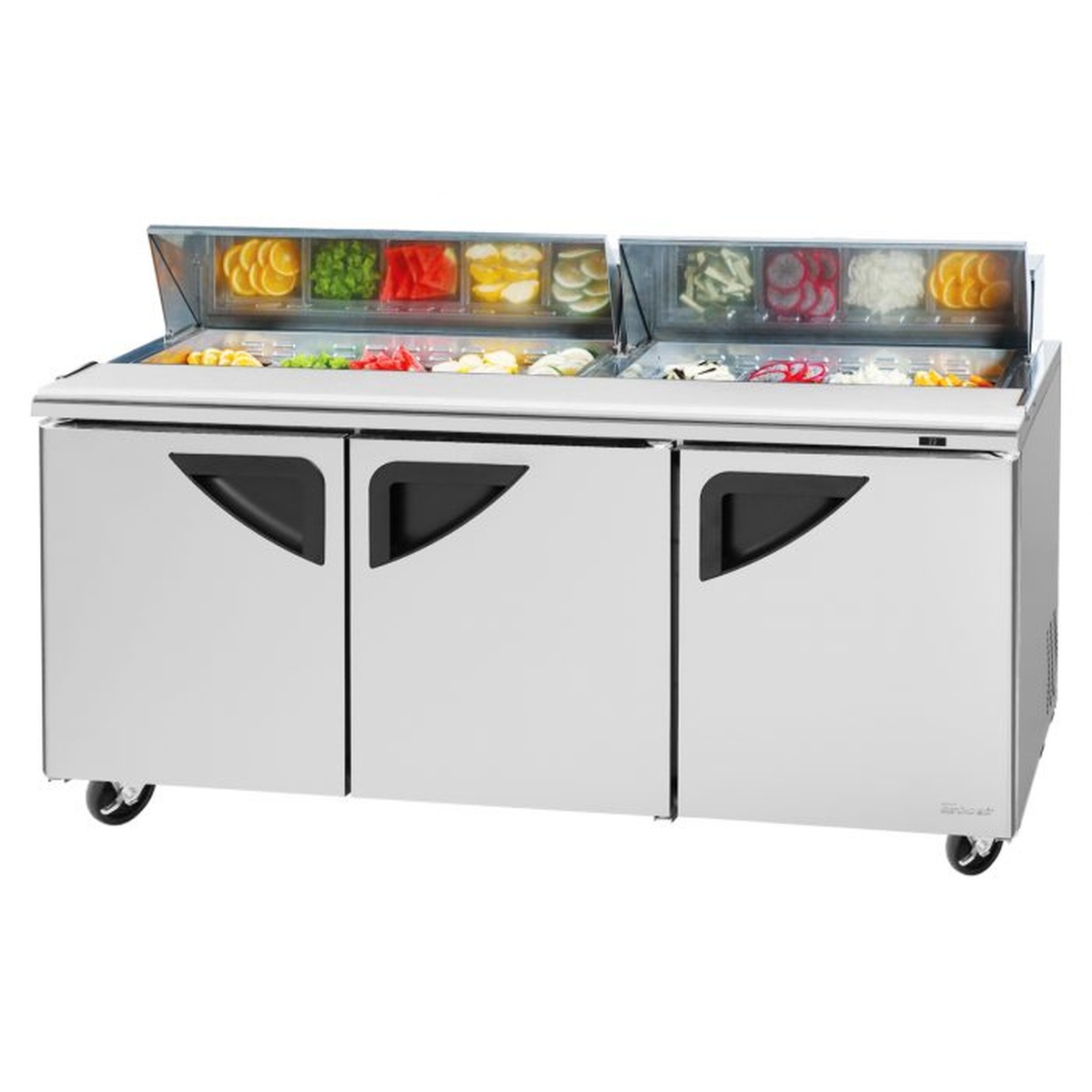 Turbo Air TST-72SD-N 3-door stainless steel sandwich and salad prep table with open pan rail showing 18 food pan capacity